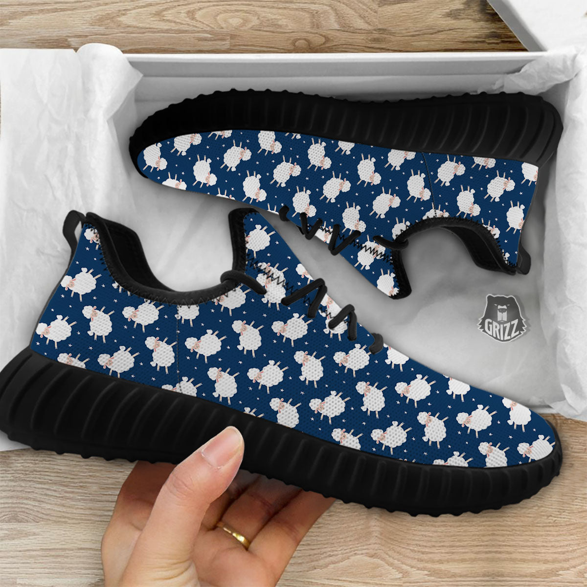 Happy Sheep Print Pattern Black Walking Shoes-grizzshop
