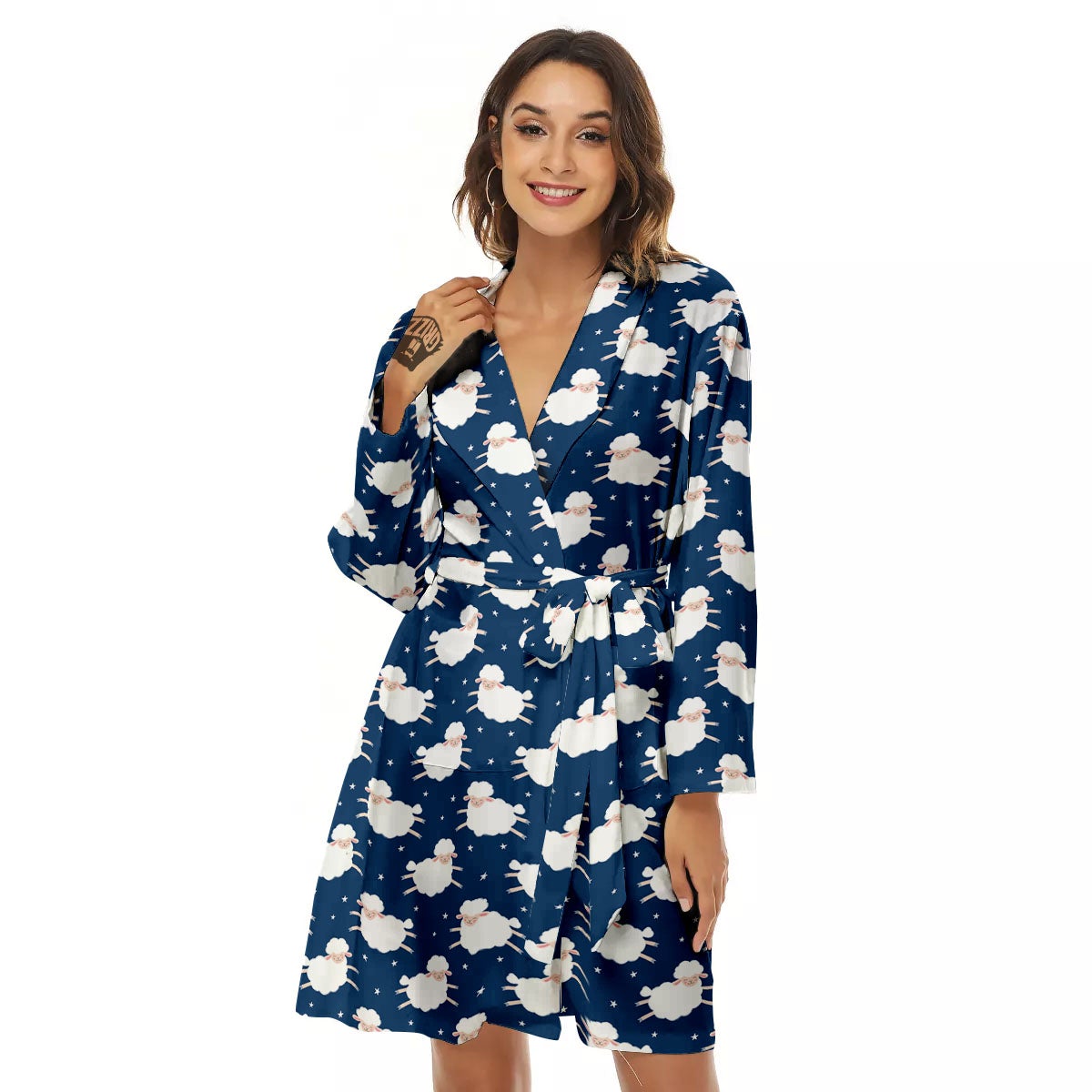 Happy Sheep Print Pattern Women's Robe-grizzshop