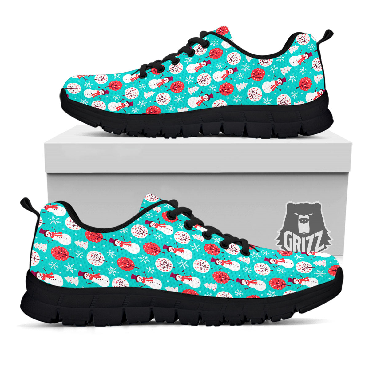 Happy Snowman Print Pattern Black Sneaker-grizzshop
