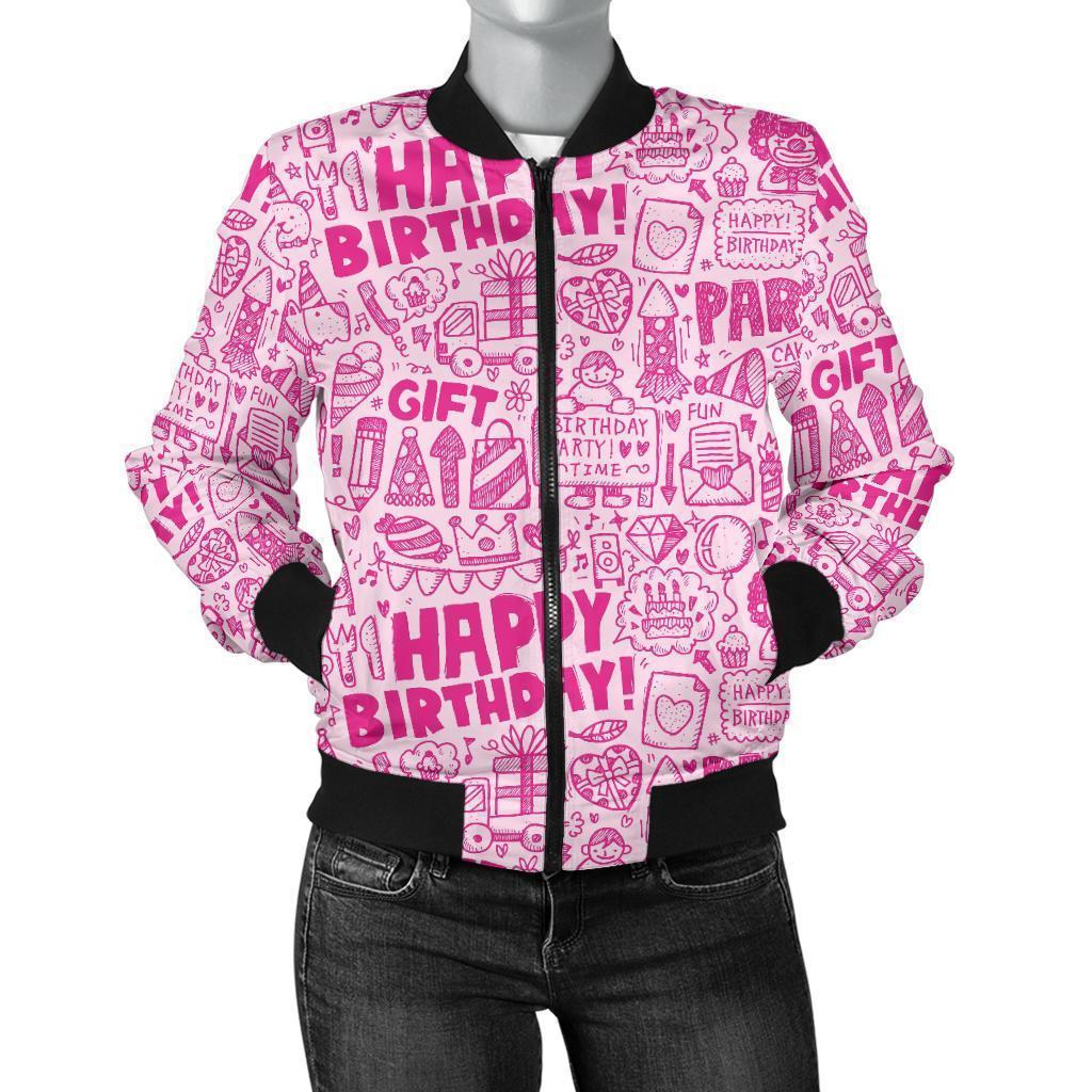 Happy Birthday Pattern Print Women Casual Bomber Jacket-grizzshop