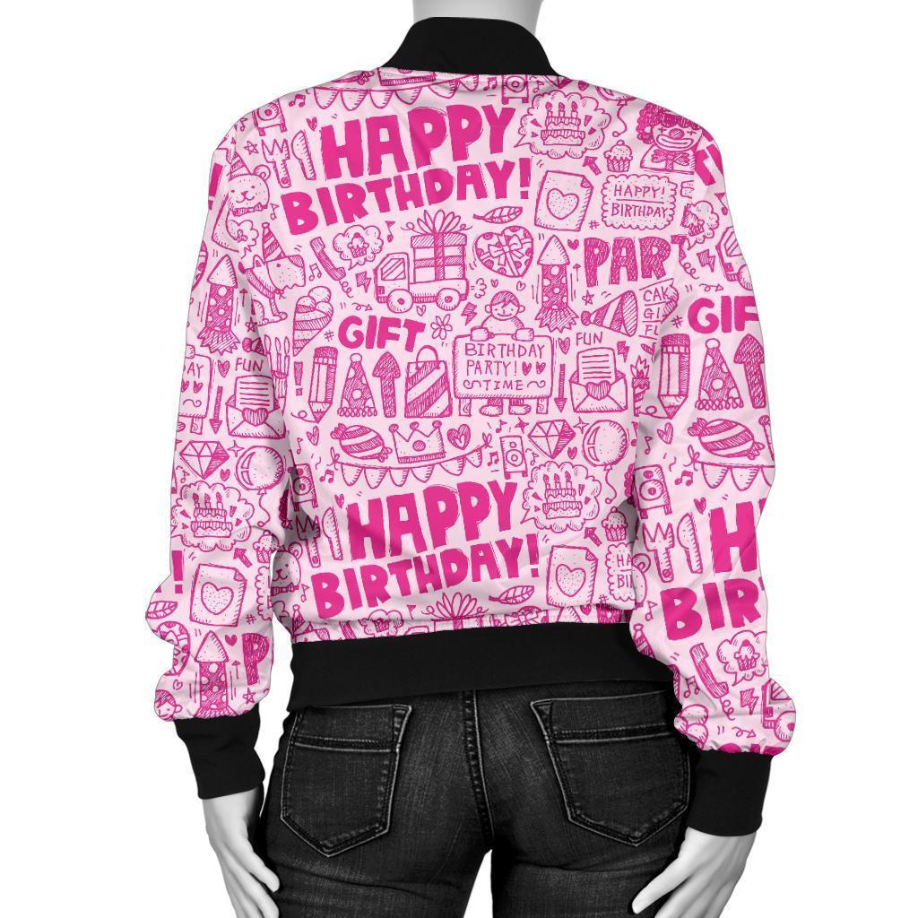 Happy Birthday Pattern Print Women Casual Bomber Jacket-grizzshop