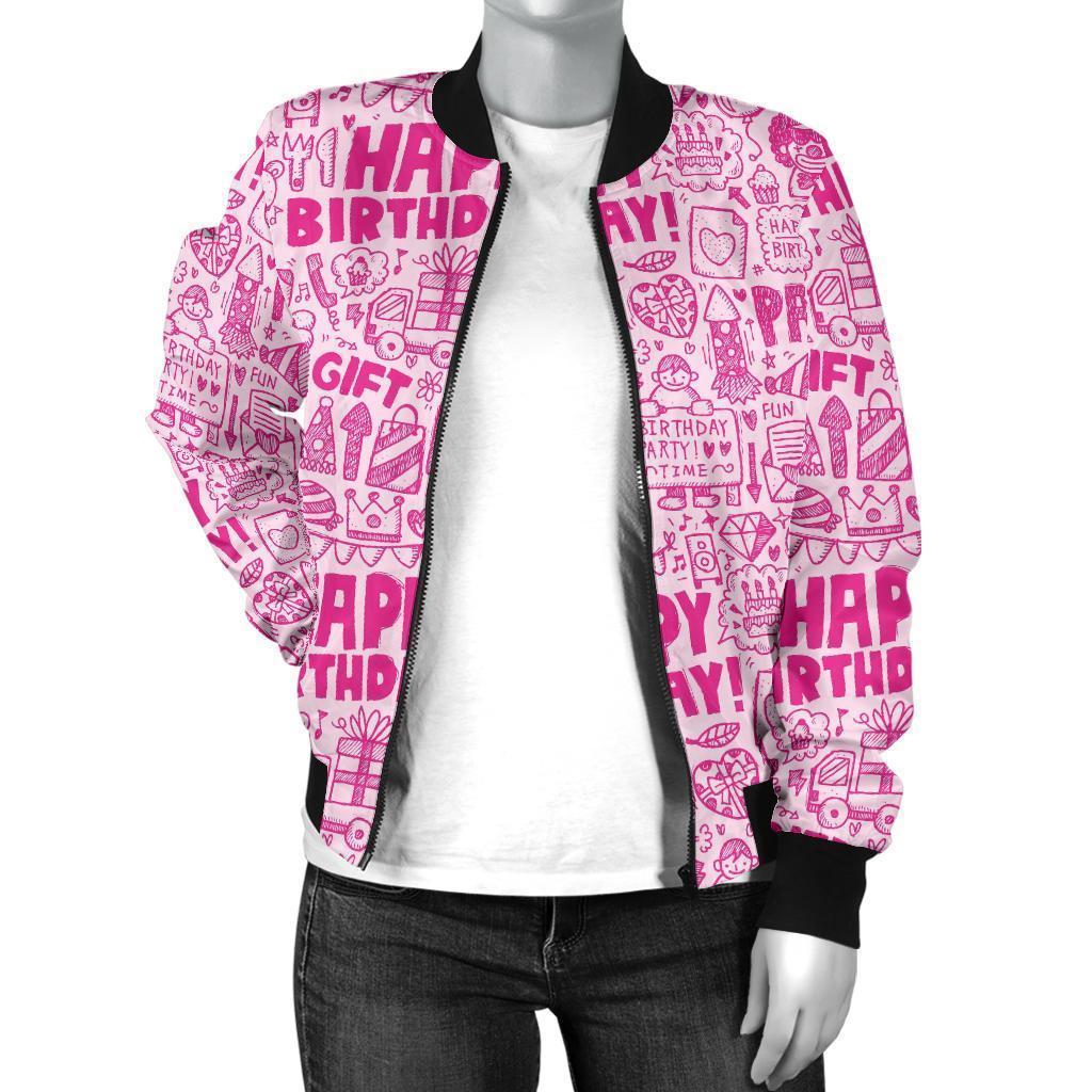 Happy Birthday Pattern Print Women Casual Bomber Jacket-grizzshop
