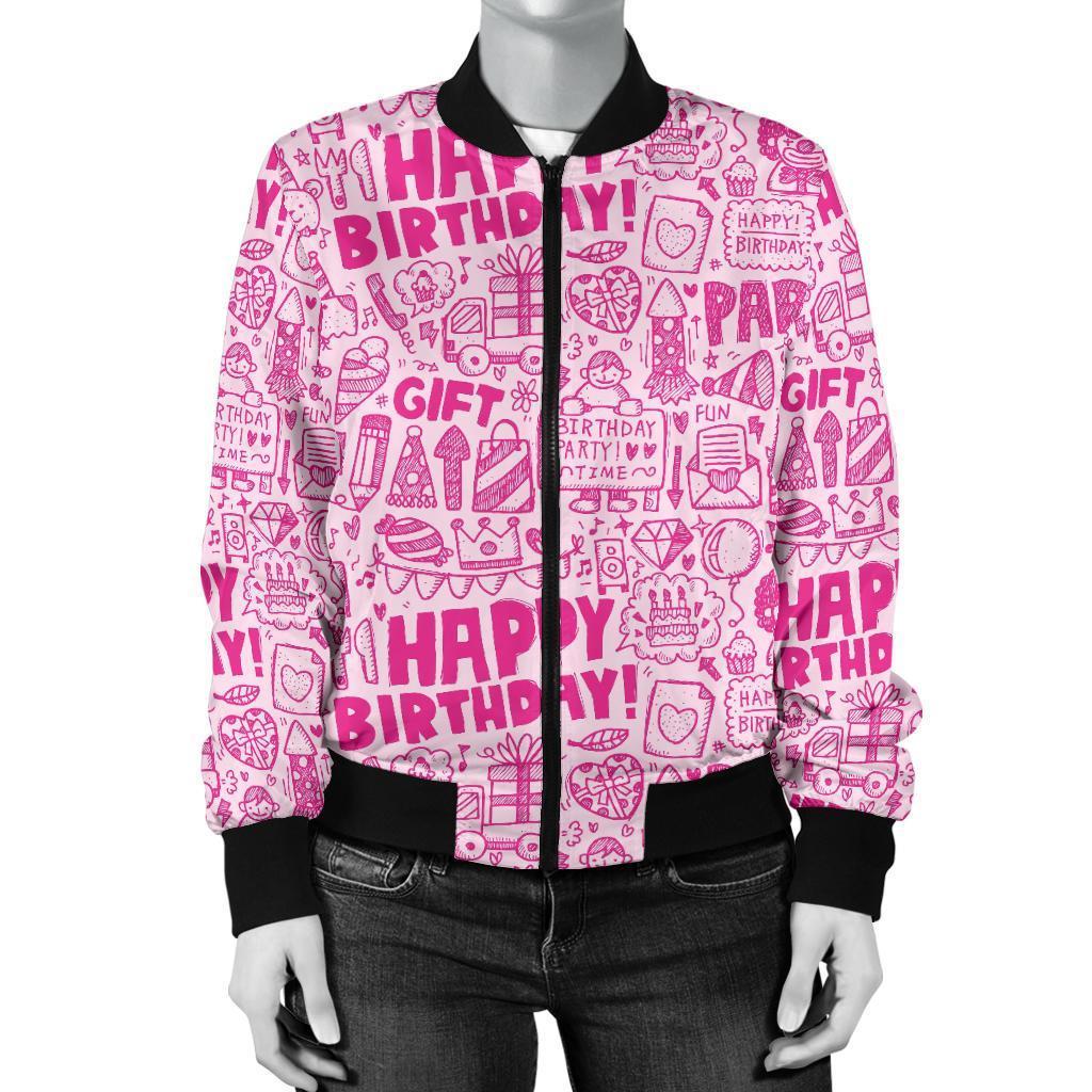 Happy Birthday Pattern Print Women Casual Bomber Jacket-grizzshop