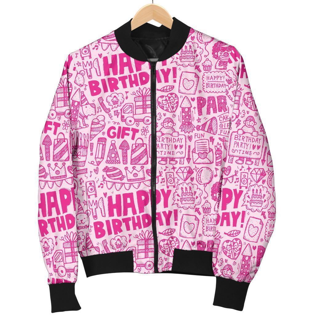 Happy Birthday Pattern Print Women Casual Bomber Jacket-grizzshop
