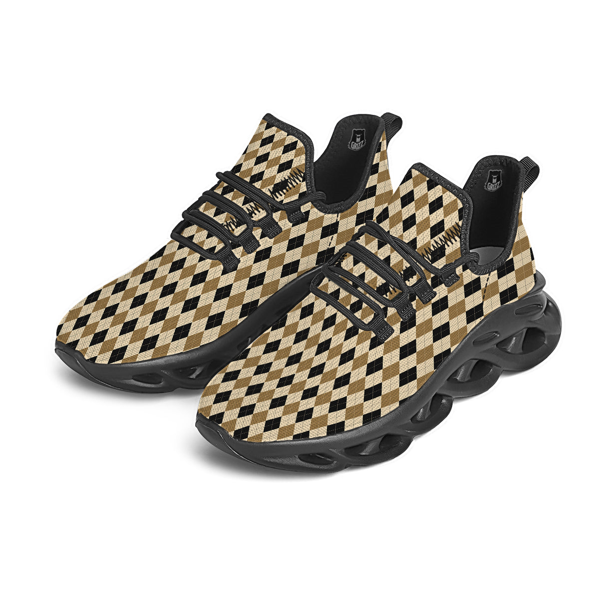 Harlequin Gold And Black Print Pattern Black Running Shoes-grizzshop