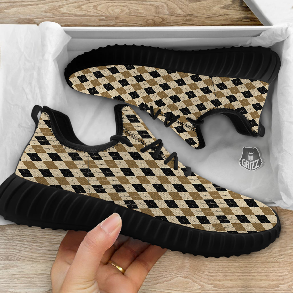 Harlequin Gold And Black Print Pattern Black Walking Shoes-grizzshop
