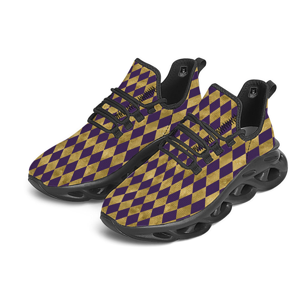 Harlequin Gold And Purple Print Pattern Black Running Shoes-grizzshop