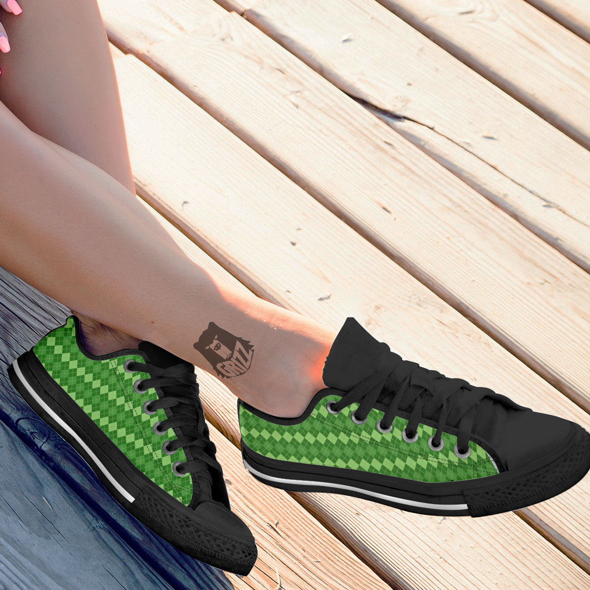 Harlequin Green Print Pattern Black Low Top Shoes-grizzshop
