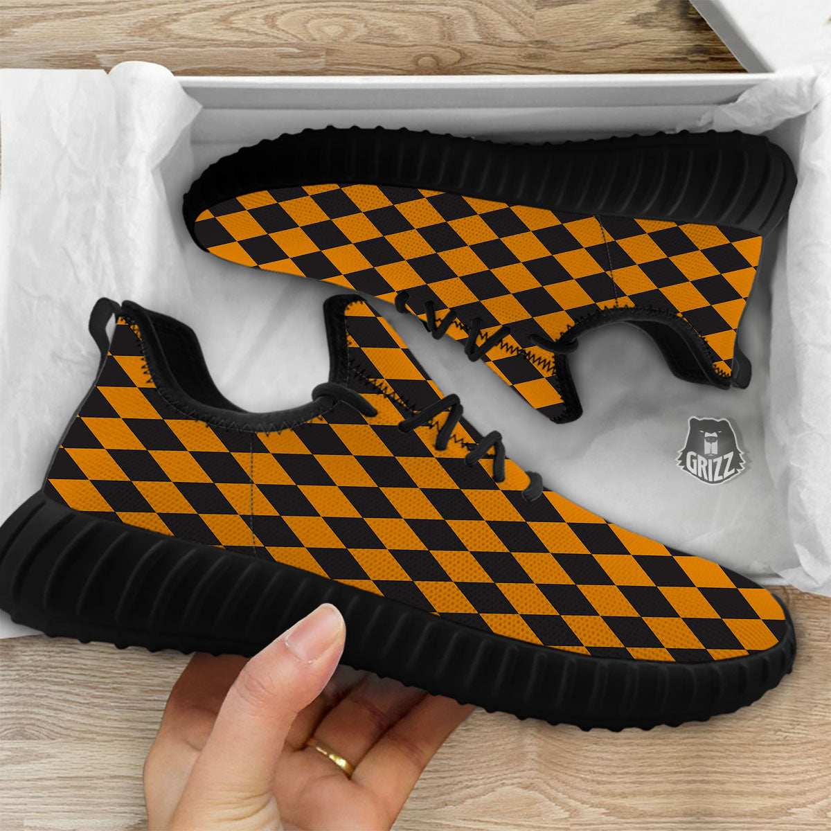 Harlequin Orange And Black Print Black Walking Shoes-grizzshop