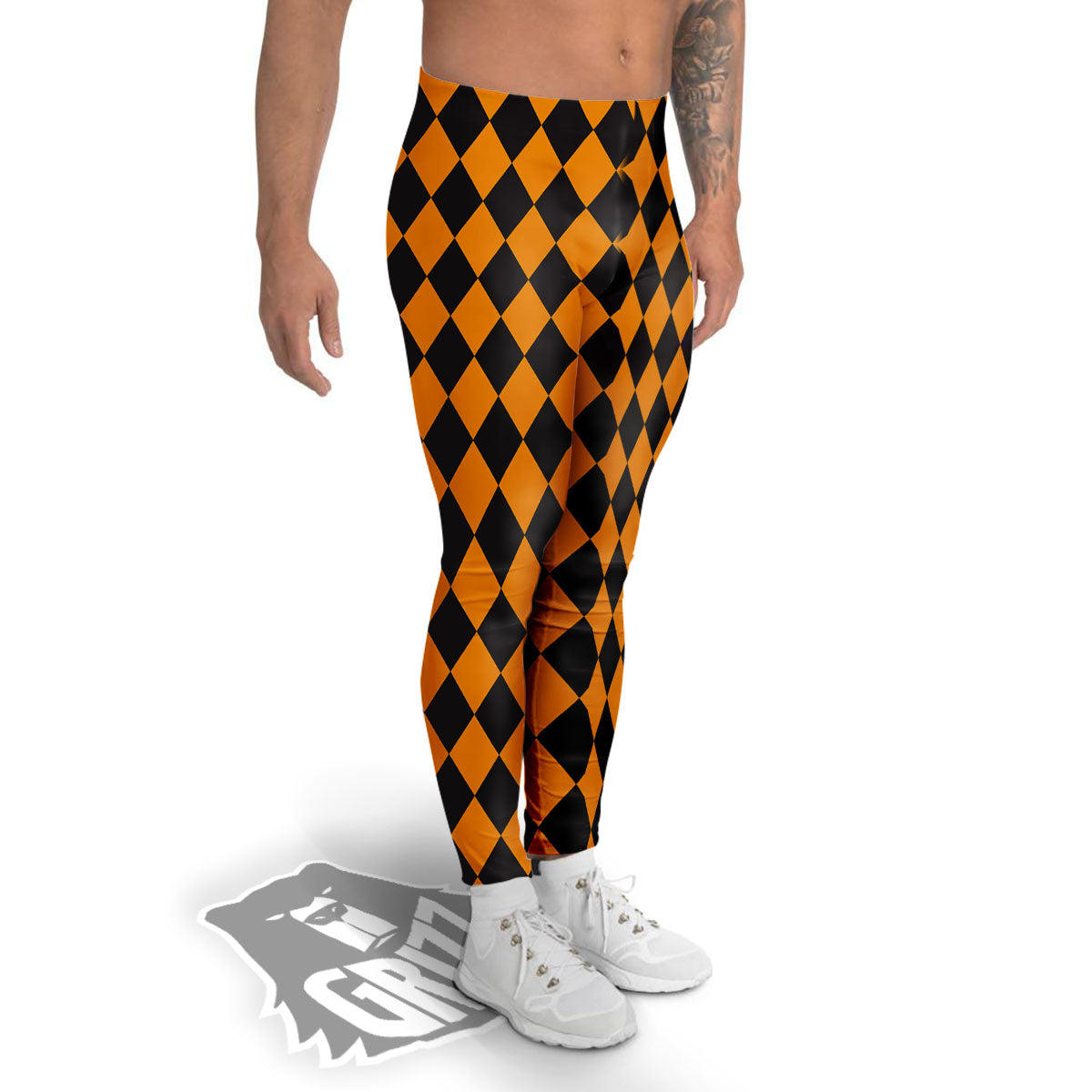 Harlequin Orange And Black Print Men's Leggings-grizzshop