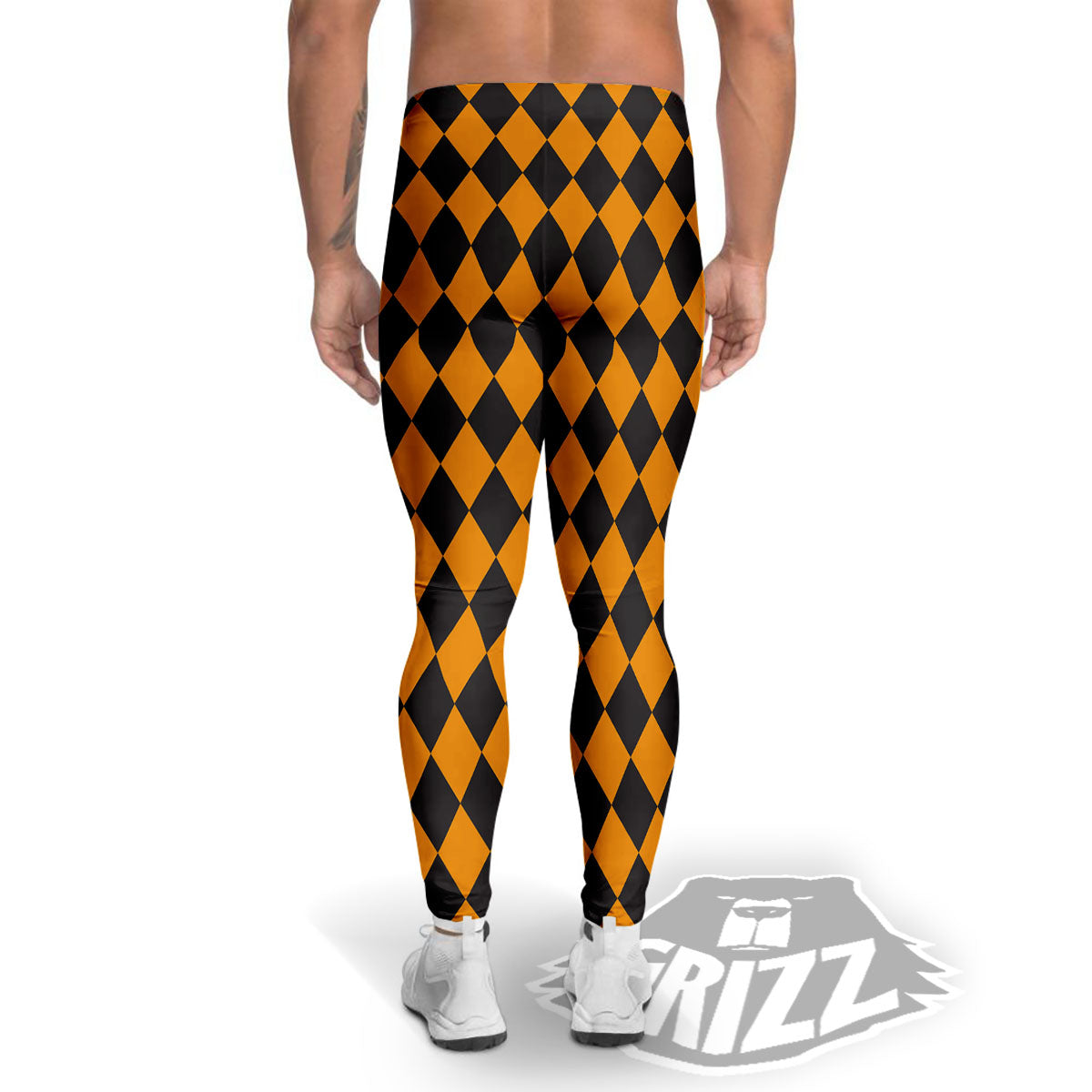 Harlequin Orange And Black Print Men's Leggings-grizzshop