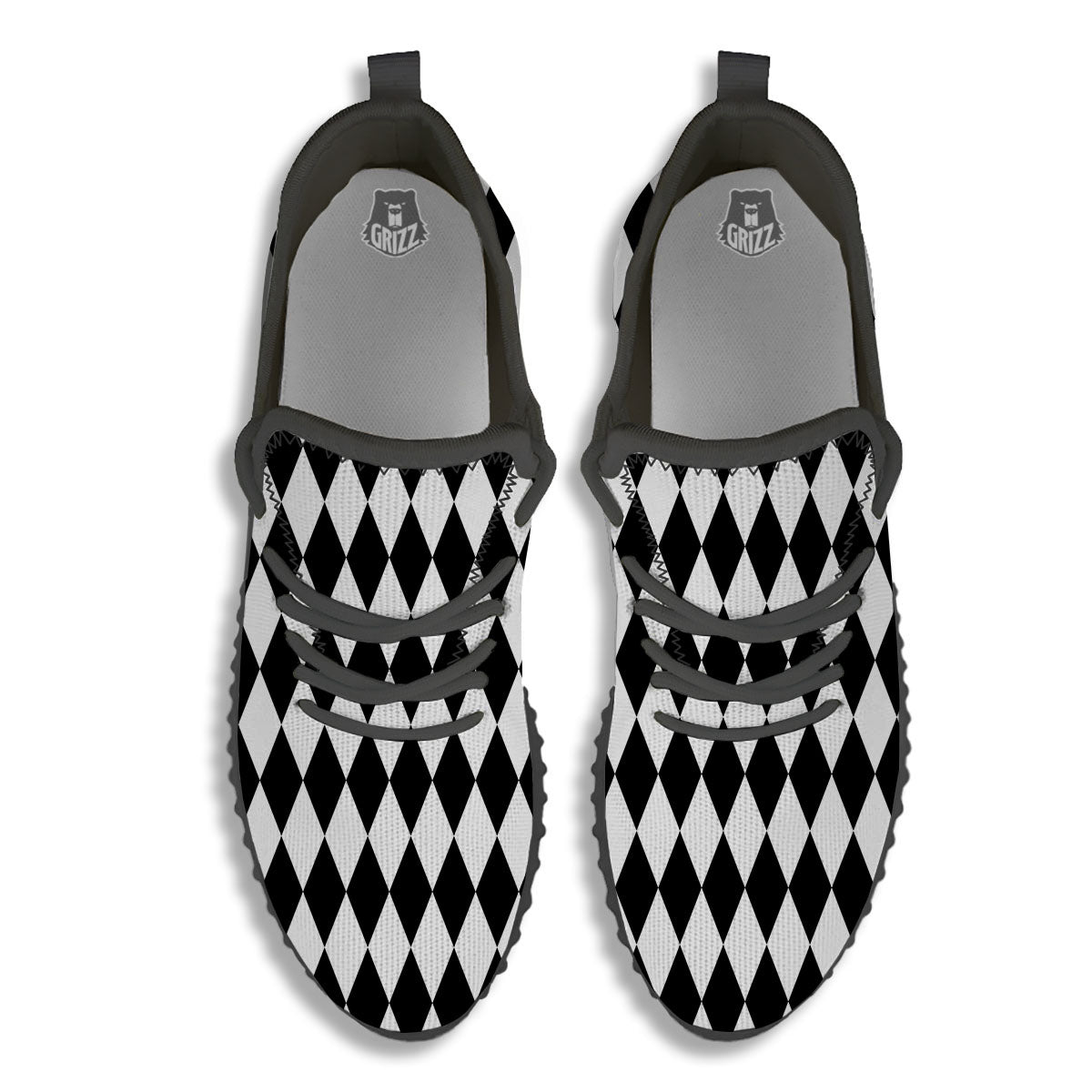 Harlequin White And Black Print Pattern Black Walking Shoes-grizzshop