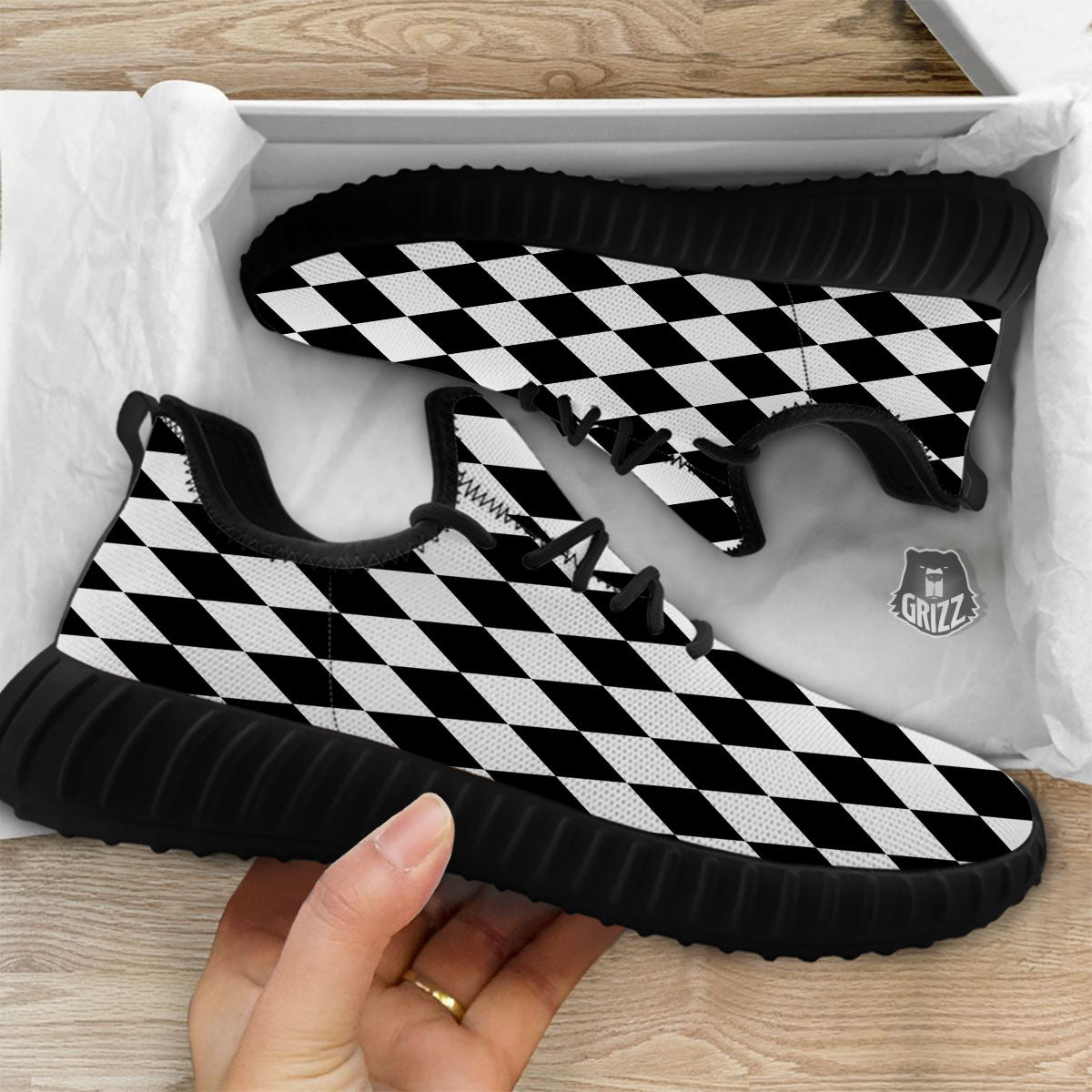Harlequin White And Black Print Pattern Black Walking Shoes-grizzshop