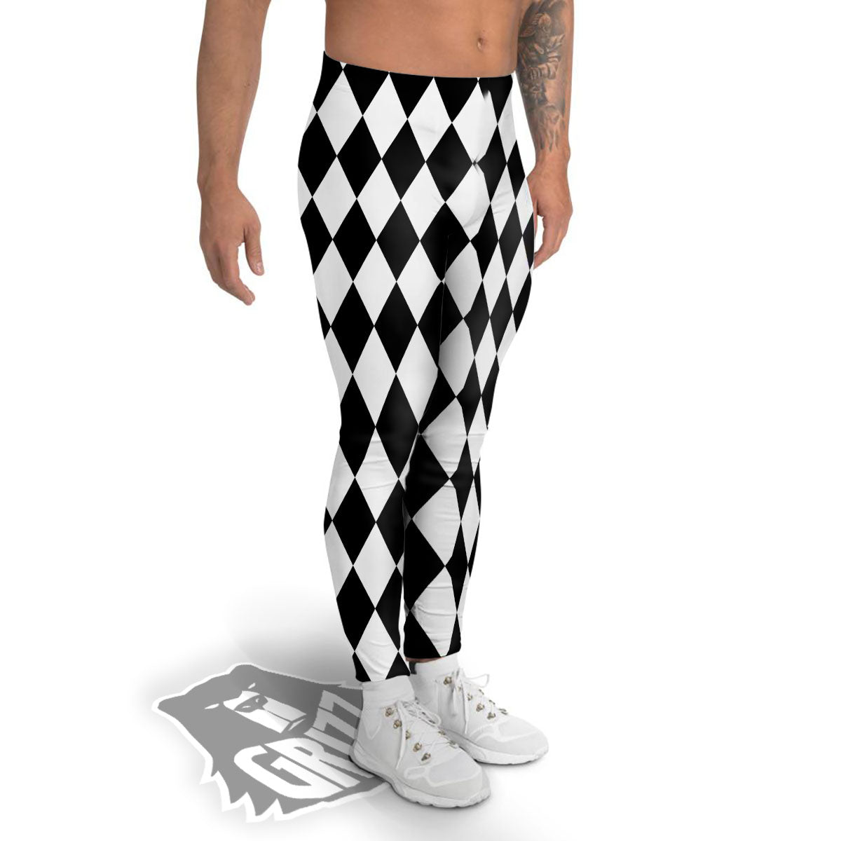 Harlequin White And Black Print Pattern Men's Leggings-grizzshop