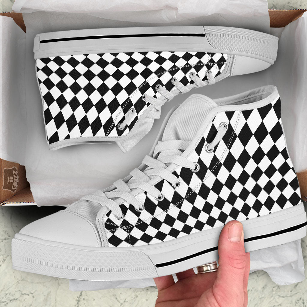 Harlequin White And Black Print Pattern White High Top Shoes-grizzshop