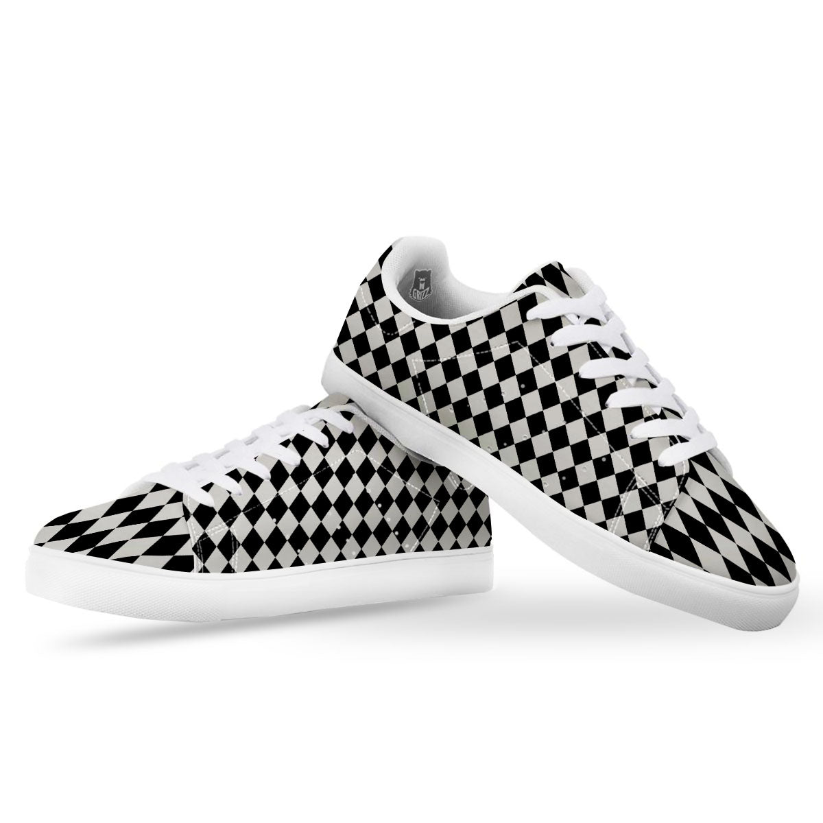 Harlequin White And Black Print Pattern White Low Top Sneakers-grizzshop
