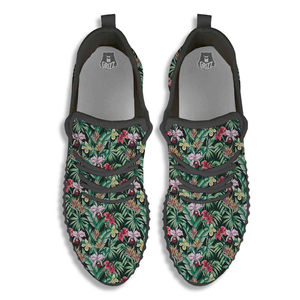Hawaii Hibiscus Orchids Print Pattern Black Walking Shoes-grizzshop