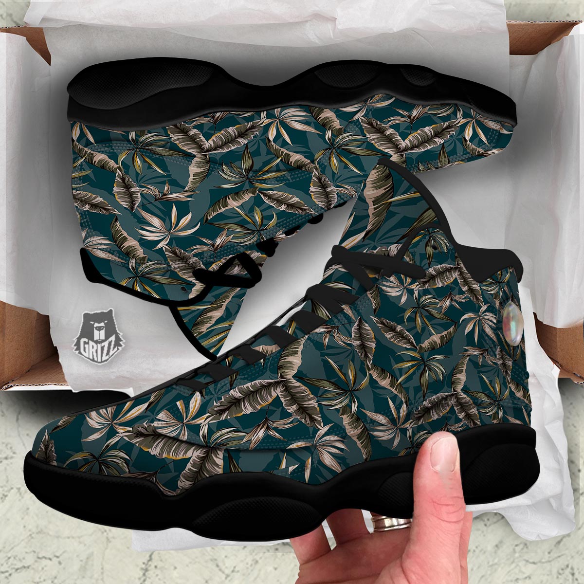 Hawaii Leaf Green Tropical Print Pattern Black Basketball Shoes-grizzshop