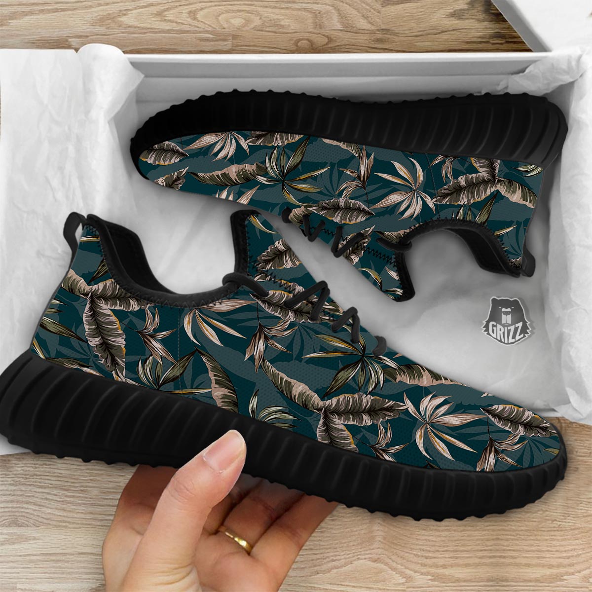 Hawaii Leaf Green Tropical Print Pattern Black Walking Shoes-grizzshop