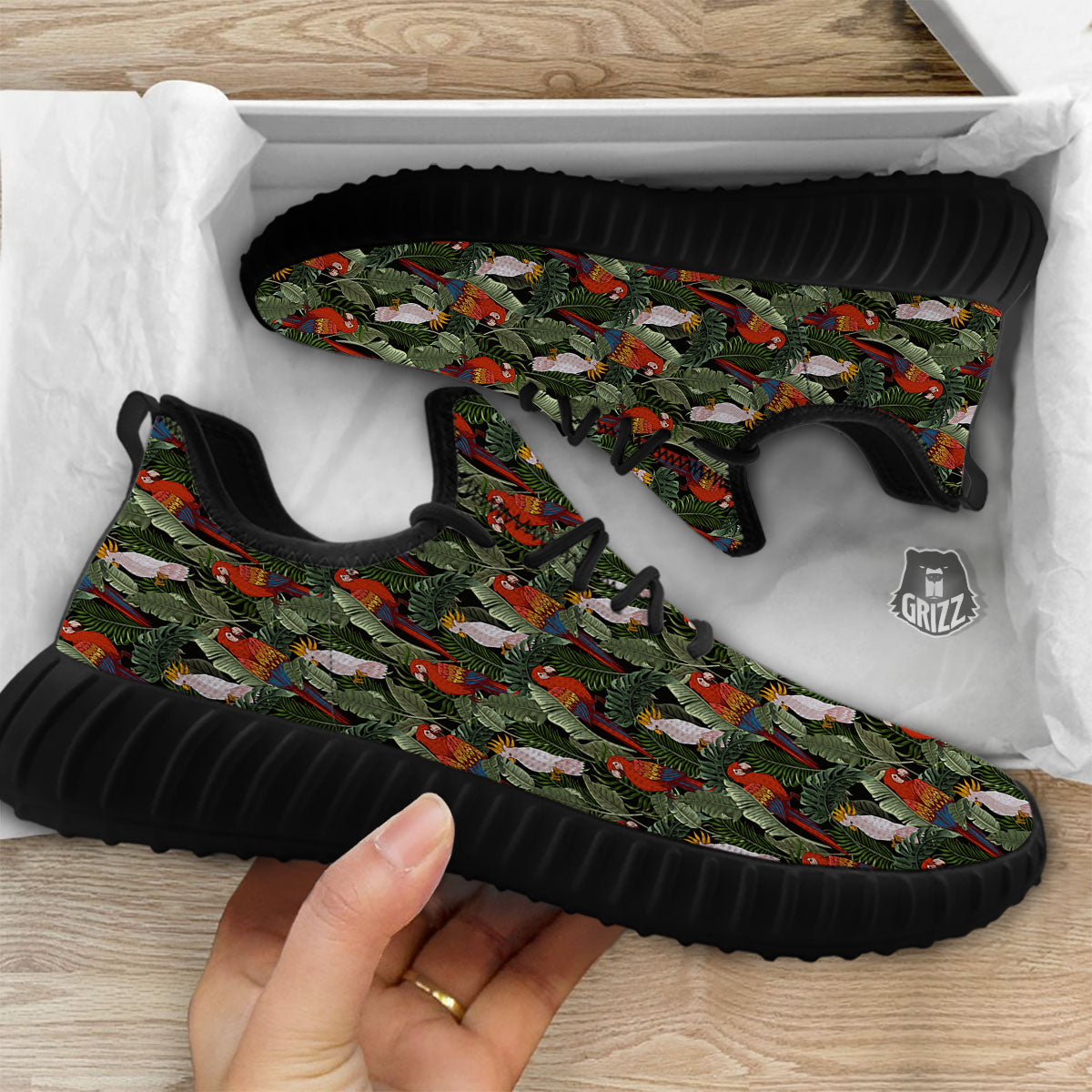 Hawaii Leaf Parrot Banana Print Pattern Black Walking Shoes-grizzshop