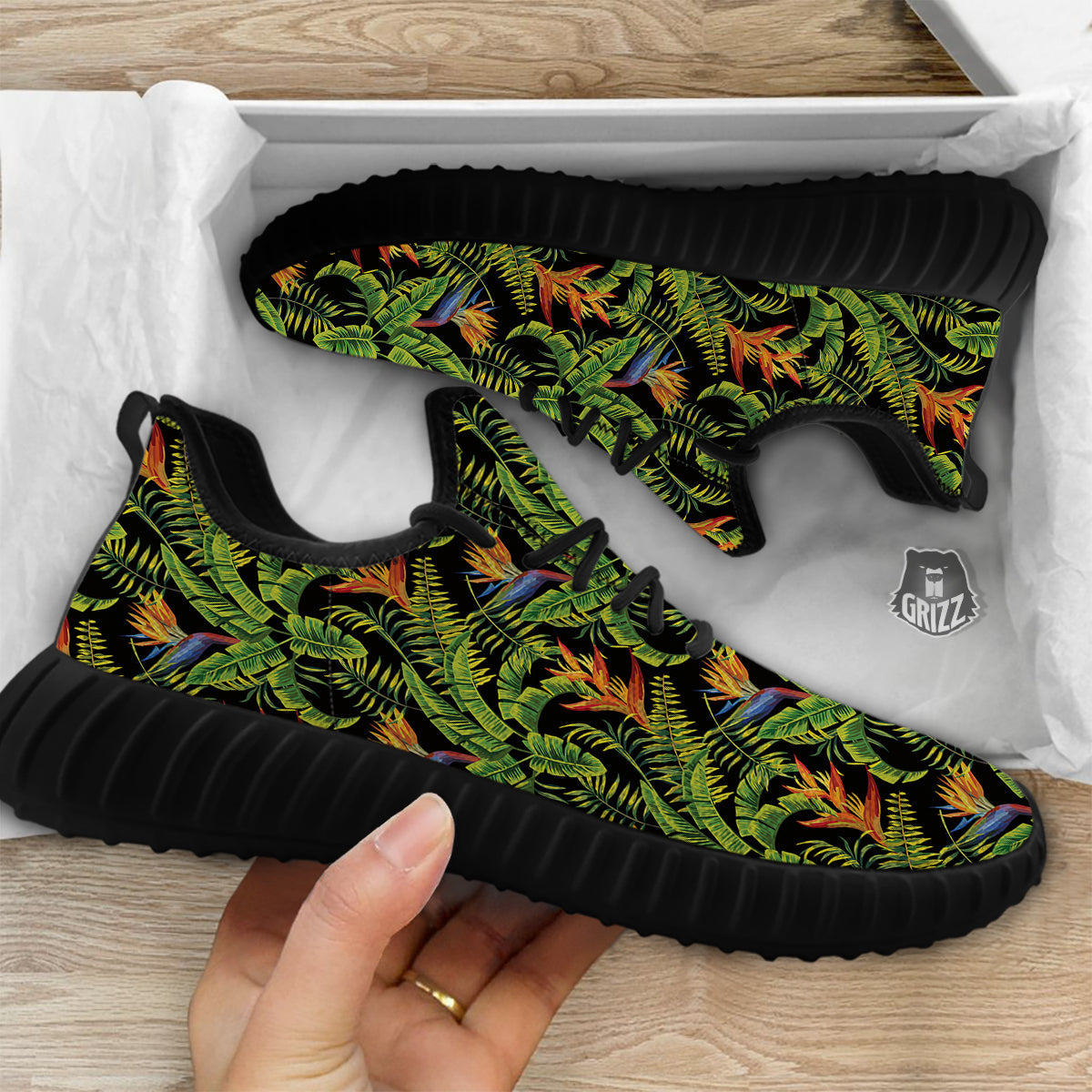 Hawaiian Banana Leaf Print Pattern Black Walking Shoes-grizzshop