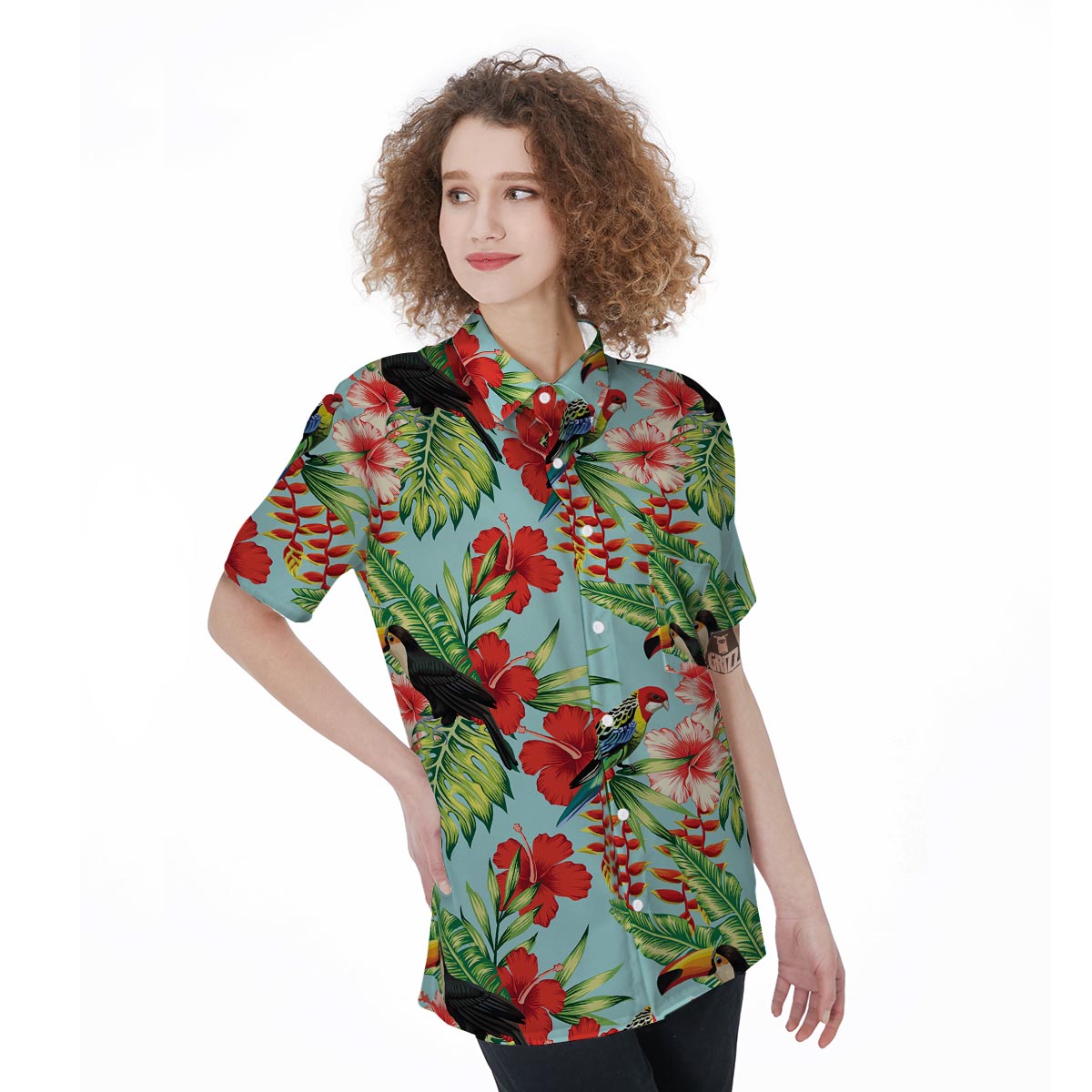 Hawaiian Bird Floral Print Women's Short Sleeve Shirts-grizzshop