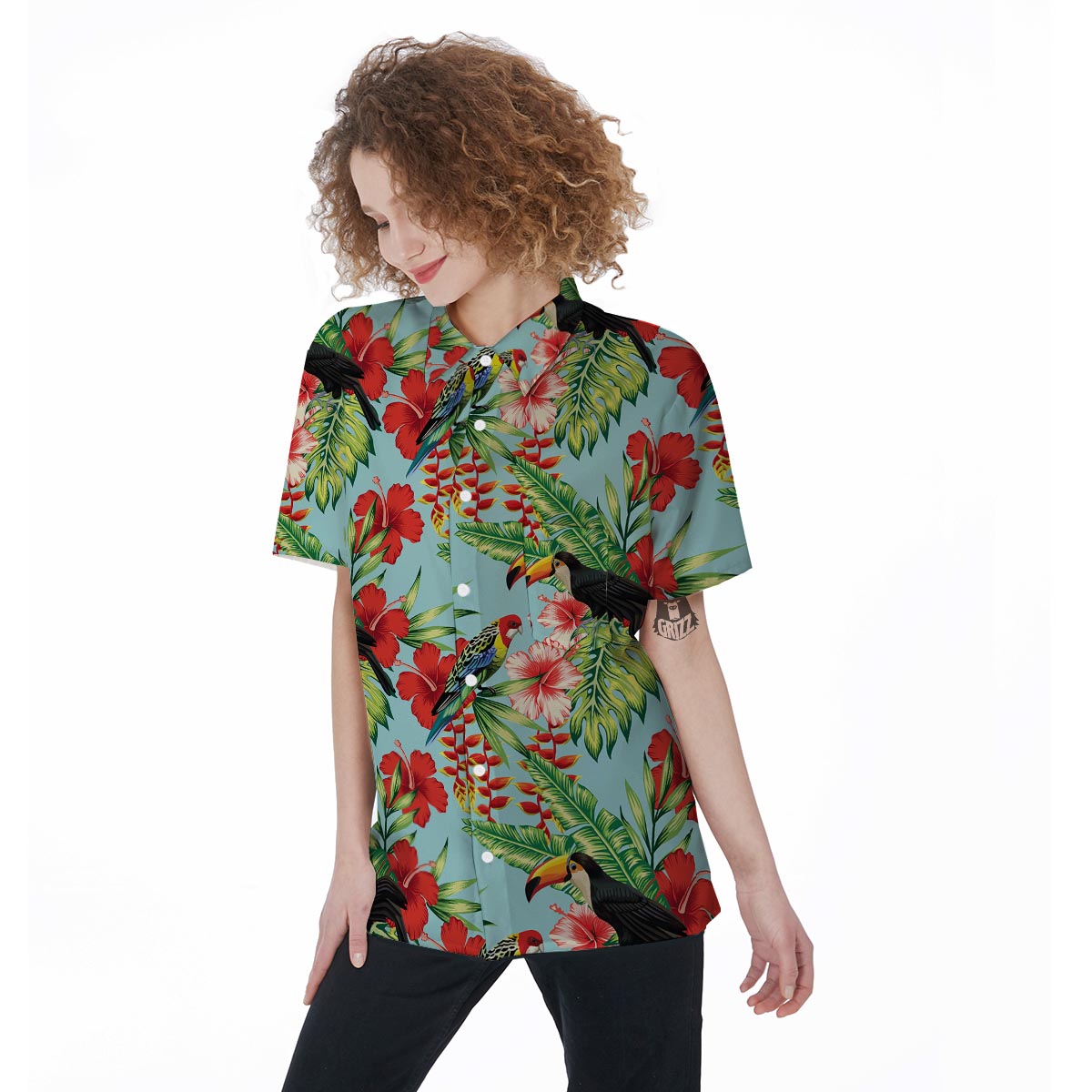 Hawaiian Bird Floral Print Women's Short Sleeve Shirts-grizzshop