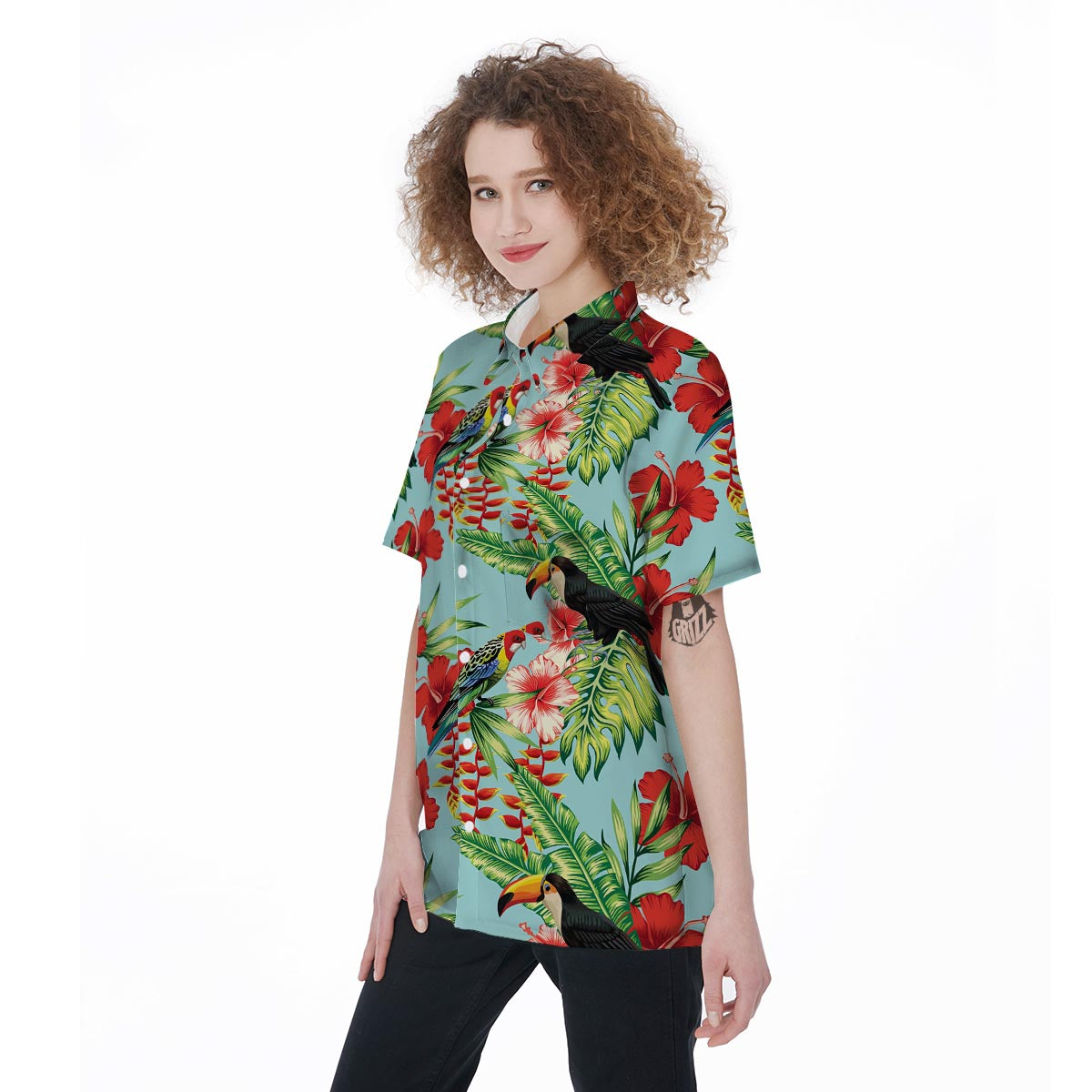 Hawaiian Bird Floral Print Women's Short Sleeve Shirts-grizzshop