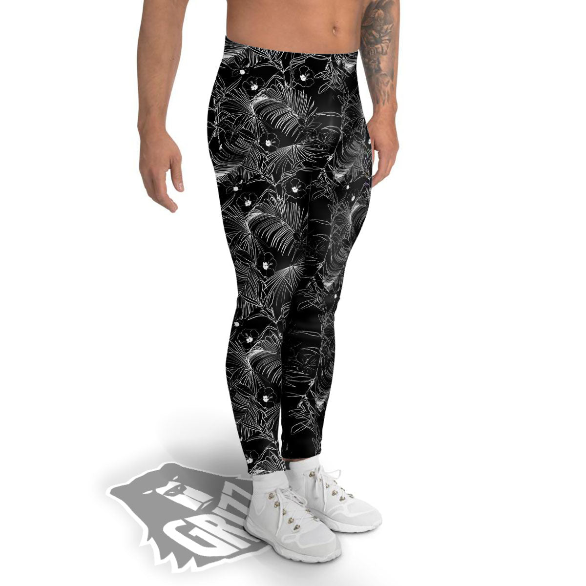 Hawaiian Black Tropical Print Pattern Men's Leggings-grizzshop