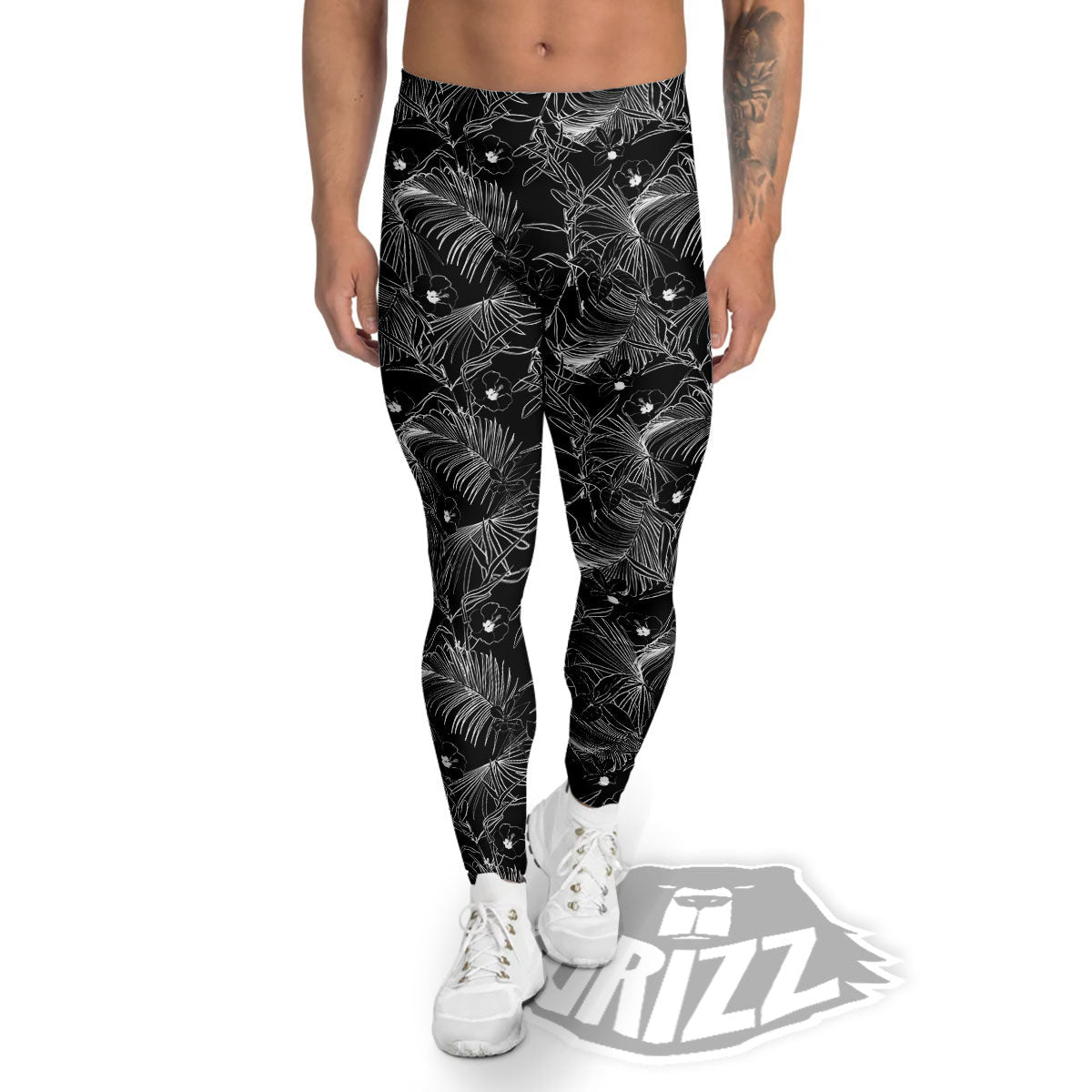 Hawaiian Black Tropical Print Pattern Men's Leggings-grizzshop