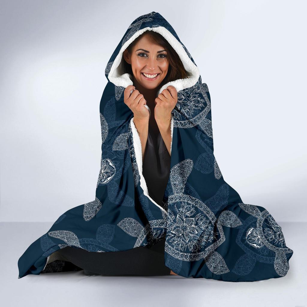 Hawaiian Blue Sea Turtle Pattern Print Hooded Blanket-grizzshop