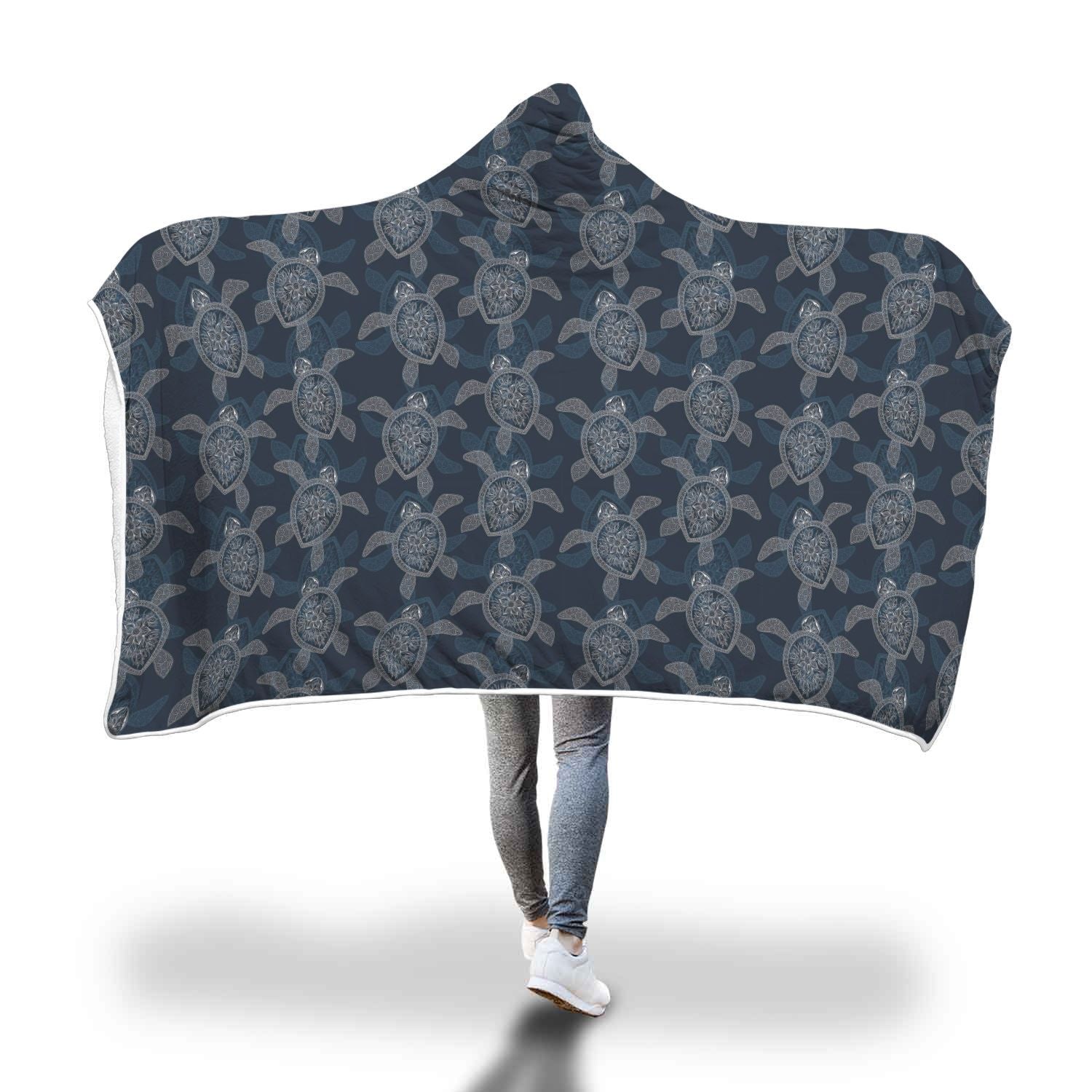 Hawaiian Blue Sea Turtle Pattern Print Hooded Blanket-grizzshop