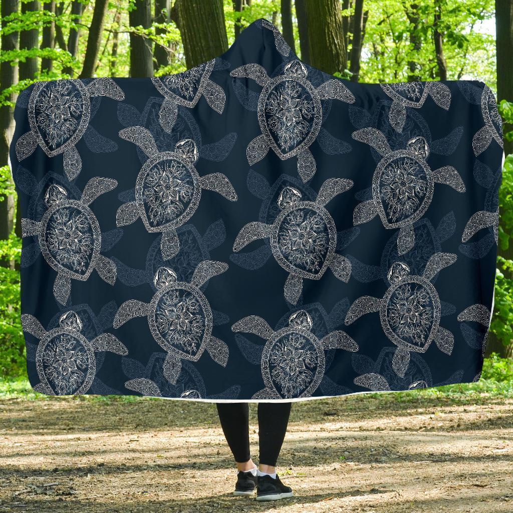 Hawaiian Blue Sea Turtle Pattern Print Hooded Blanket-grizzshop