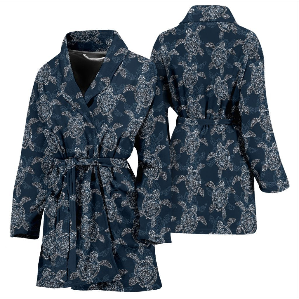 Hawaiian Blue Sea Turtle Pattern Print Women Long Robe-grizzshop