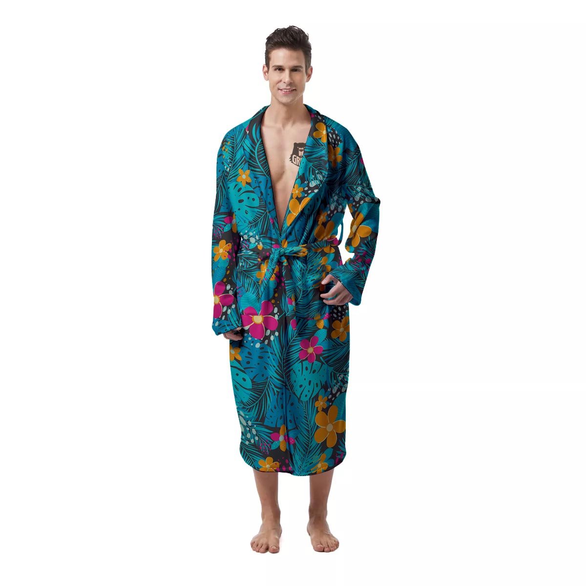 Avocado Yellow Patttern Print Men Long Robe
