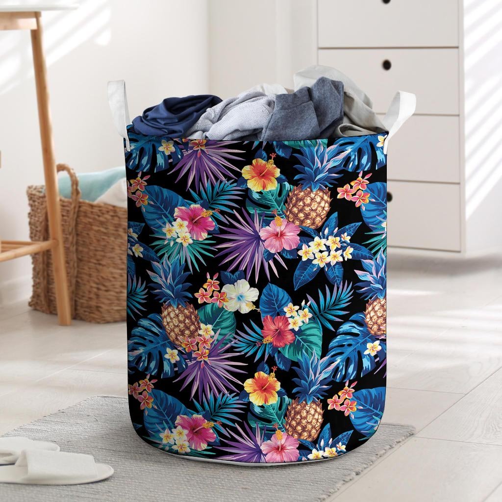 Hawaiian Floral Pineapple Print Laundry Basket-grizzshop