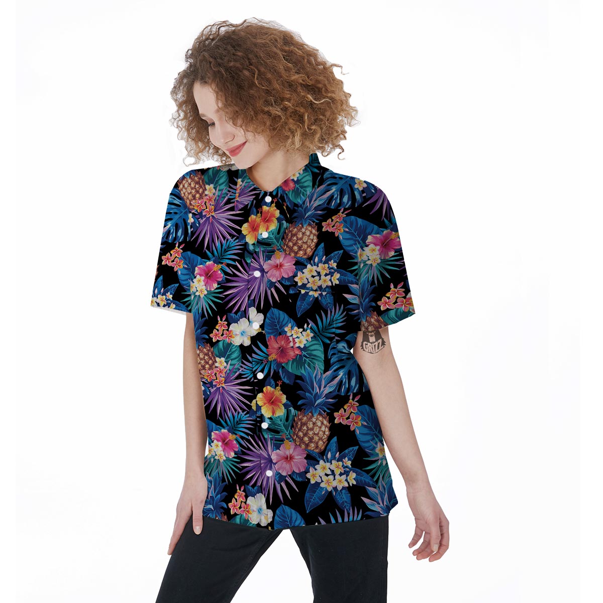 Hawaiian Floral Pineapple Print Women's Short Sleeve Shirts-grizzshop