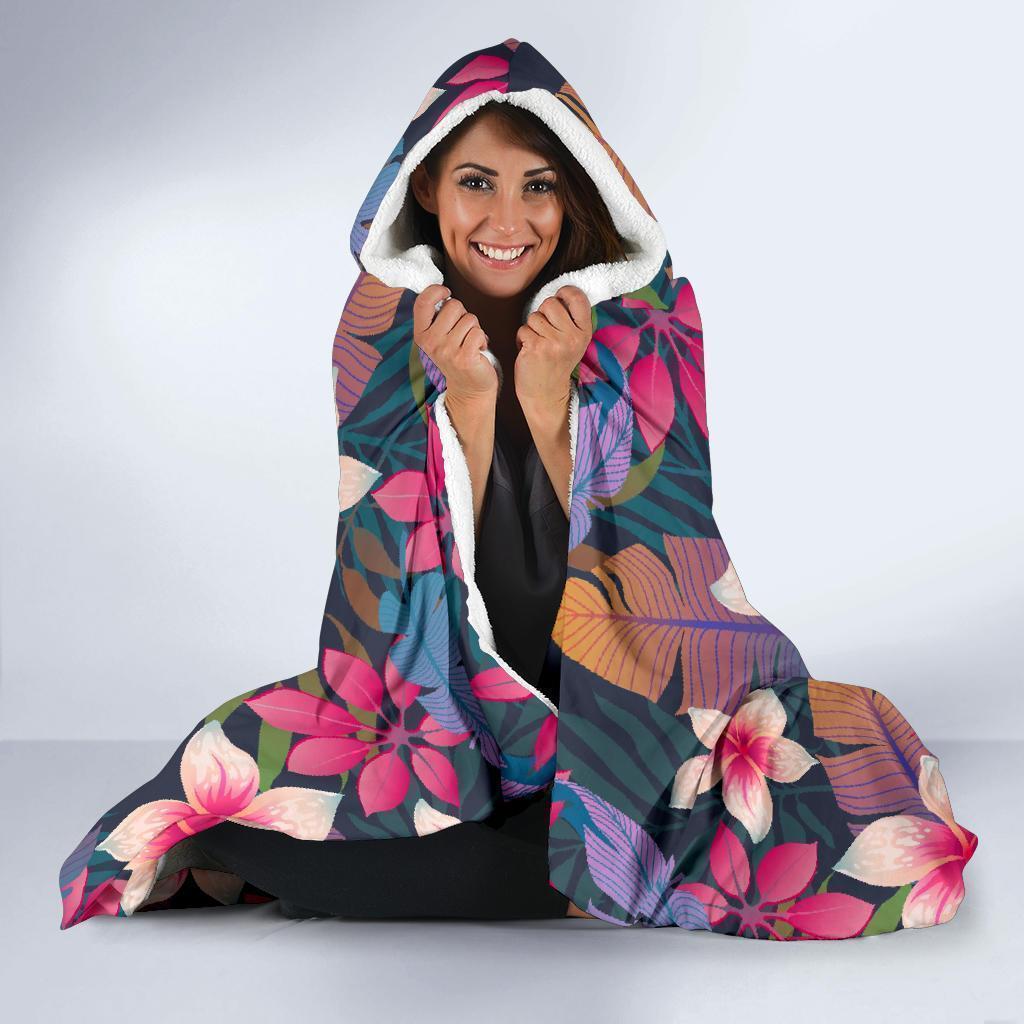 Hawaiian Floral Tropical Flower Hibiscus Palm Leaves Pattern Print Hooded Blanket-grizzshop