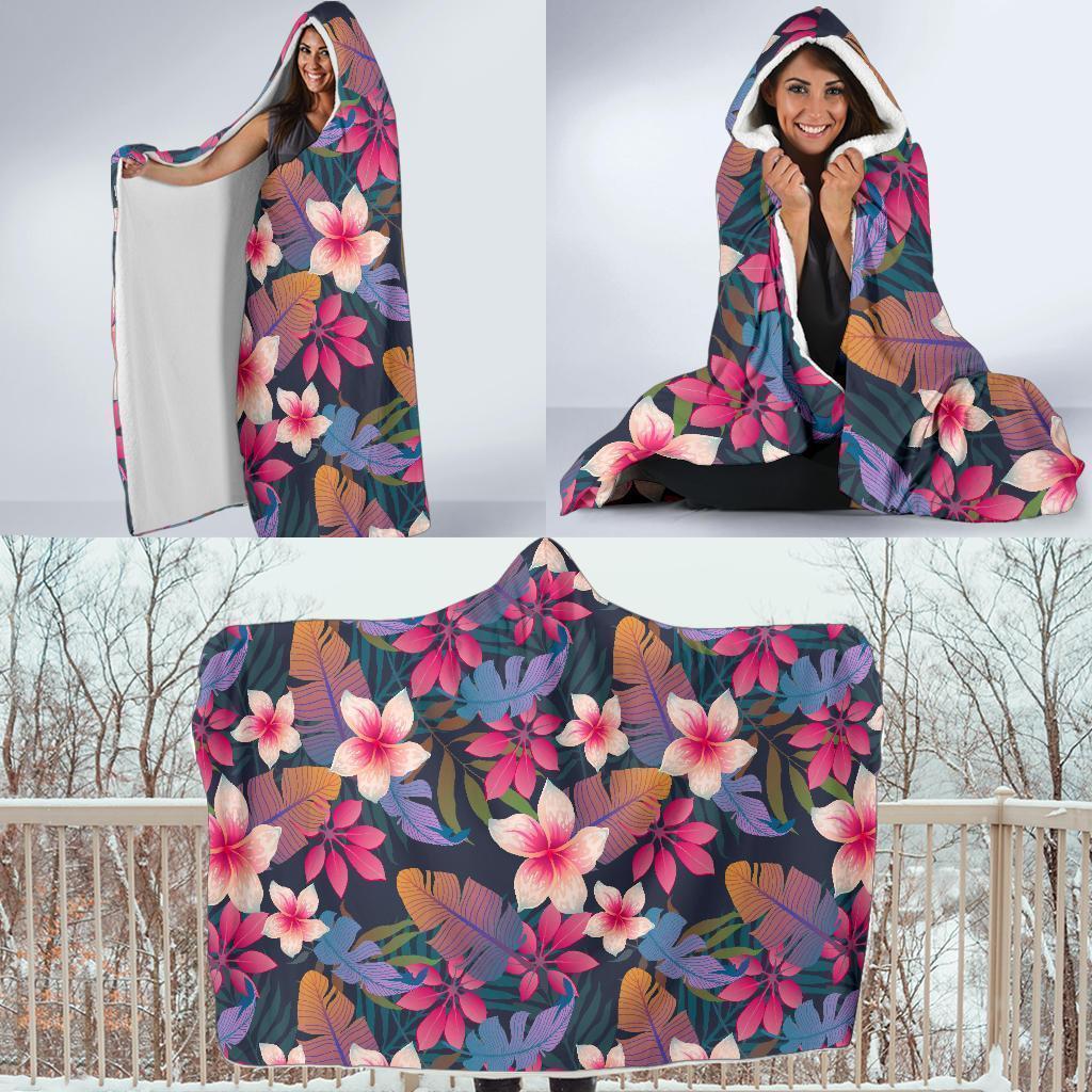 Hawaiian Floral Tropical Flower Hibiscus Palm Leaves Pattern Print Hooded Blanket-grizzshop