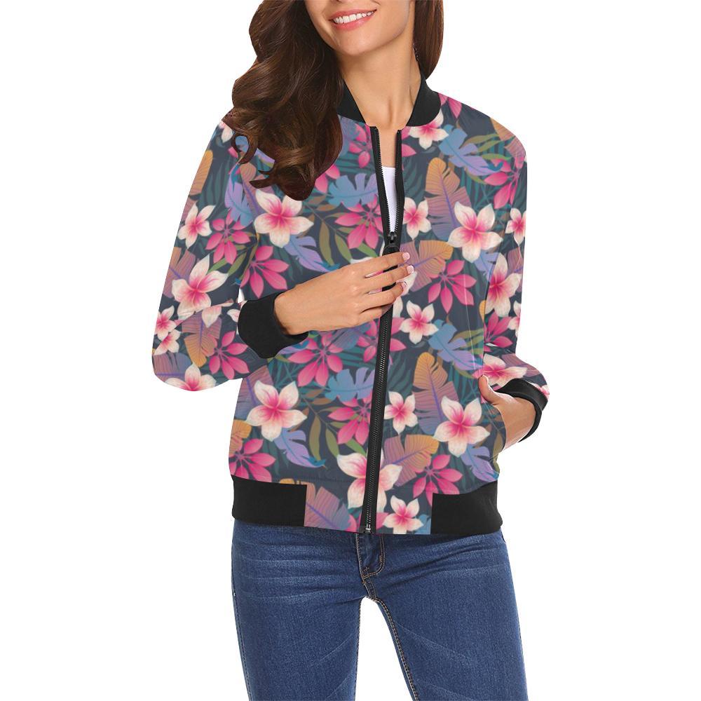 Hawaiian Floral Tropical Flower Hibiscus Palm Leaves Pattern Print Women Casual Bomber Jacket-grizzshop