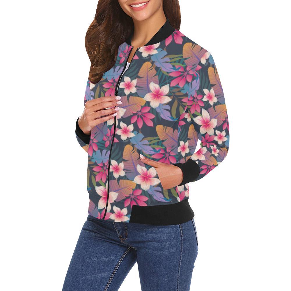 Hawaiian Floral Tropical Flower Hibiscus Palm Leaves Pattern Print Women Casual Bomber Jacket-grizzshop