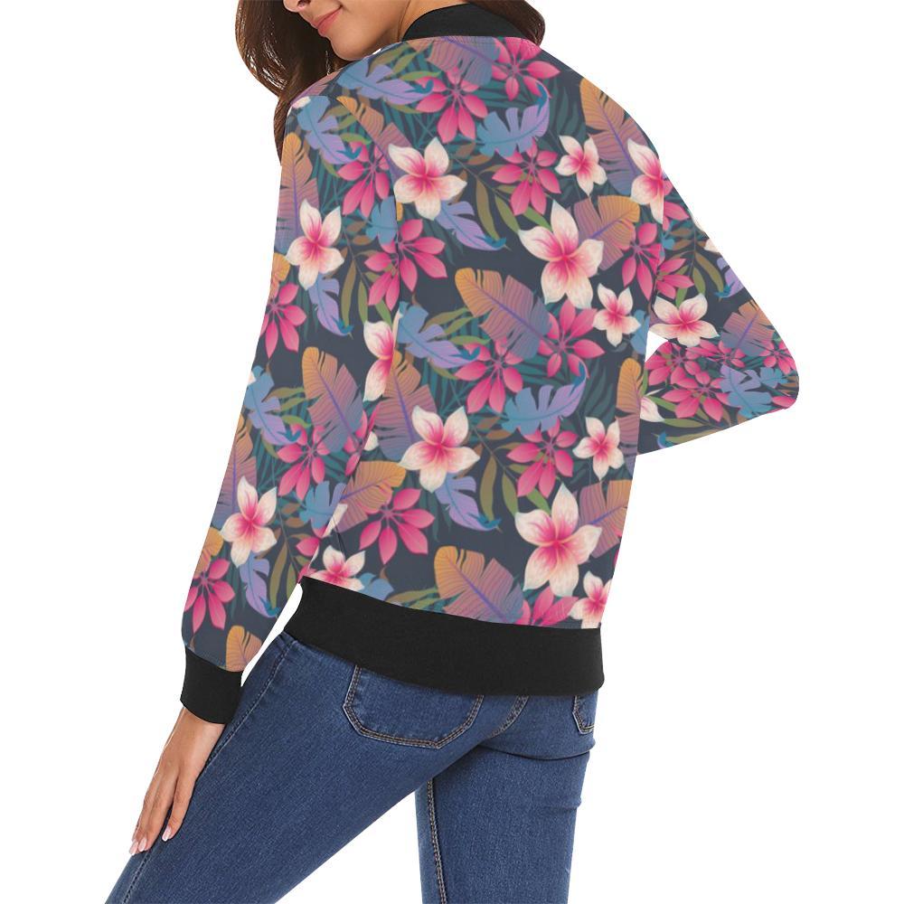 Hawaiian Floral Tropical Flower Hibiscus Palm Leaves Pattern Print Women Casual Bomber Jacket-grizzshop