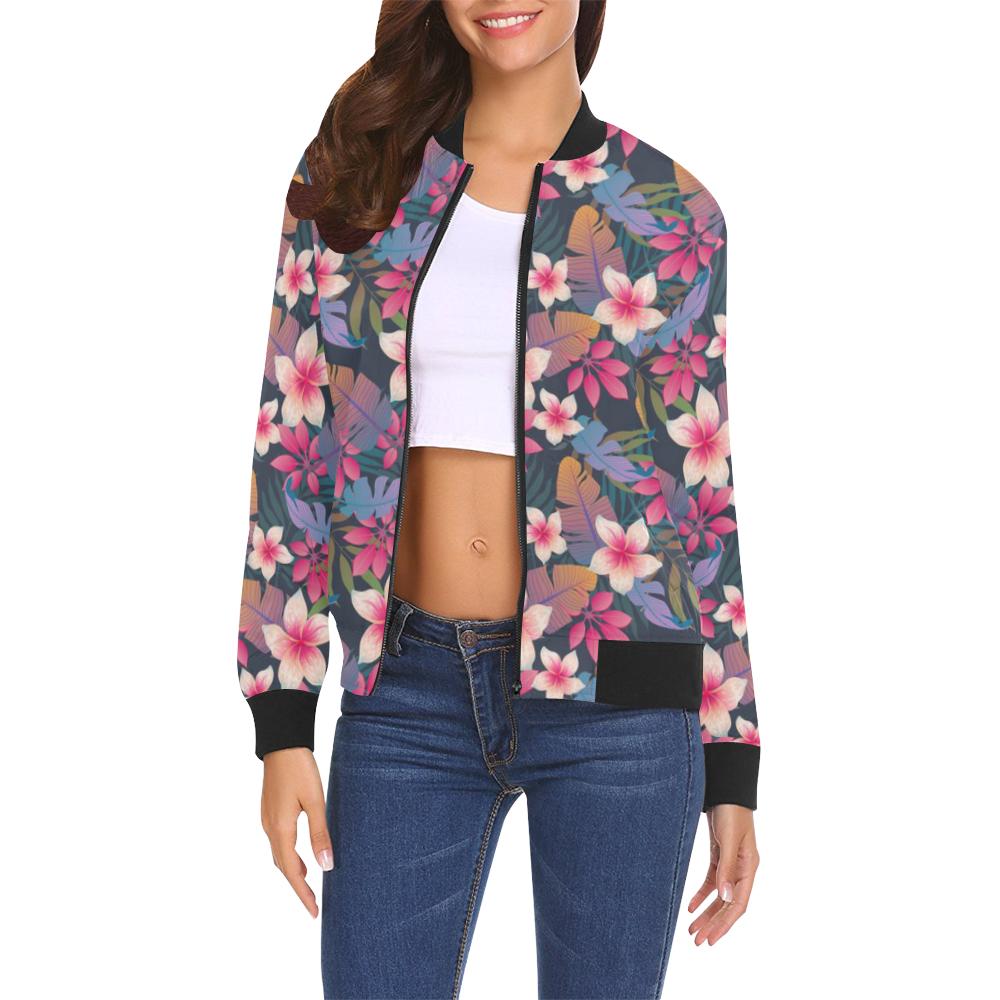 Hawaiian Floral Tropical Flower Hibiscus Palm Leaves Pattern Print Women Casual Bomber Jacket-grizzshop