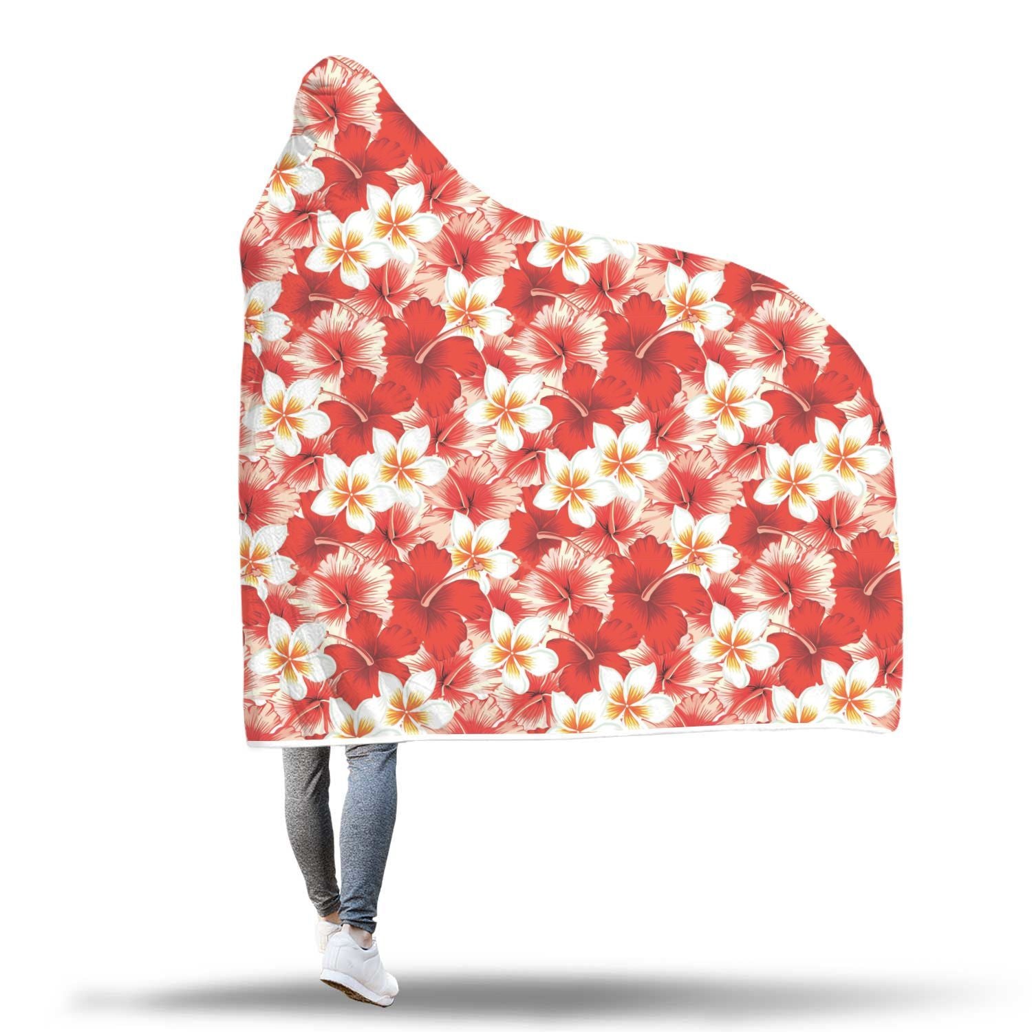 Hawaiian Floral Tropical Flower Red Hibiscus Pattern Print Hooded Blanket-grizzshop