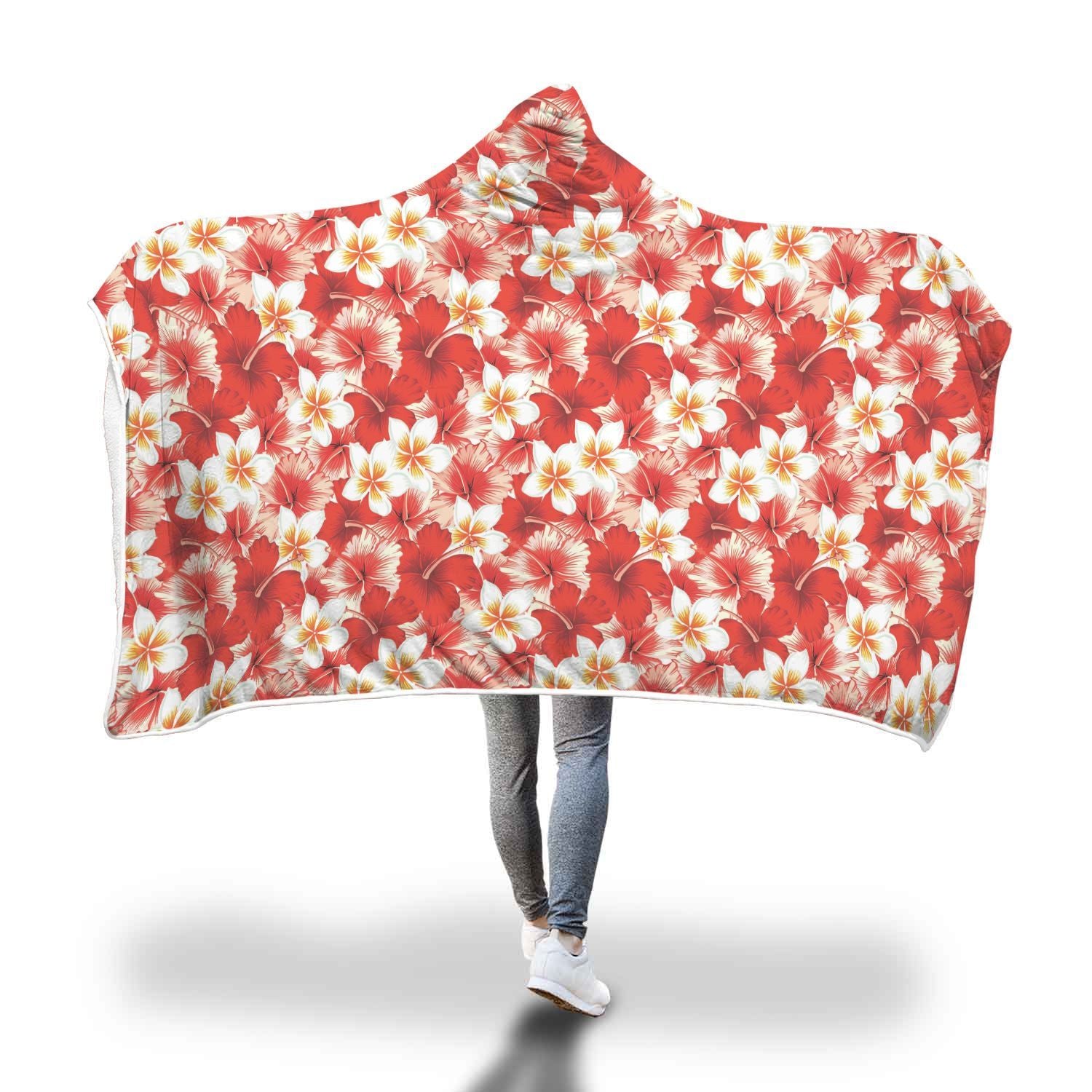 Hawaiian Floral Tropical Flower Red Hibiscus Pattern Print Hooded Blanket-grizzshop