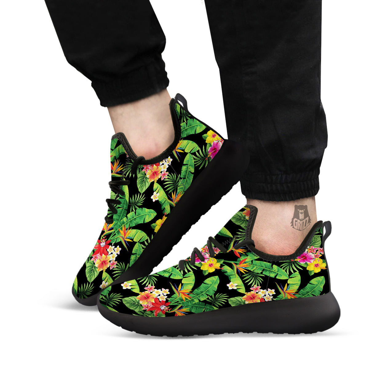 Hawaiian Flower And Tropical Leaf Print Pattern Black Athletic Shoes-grizzshop