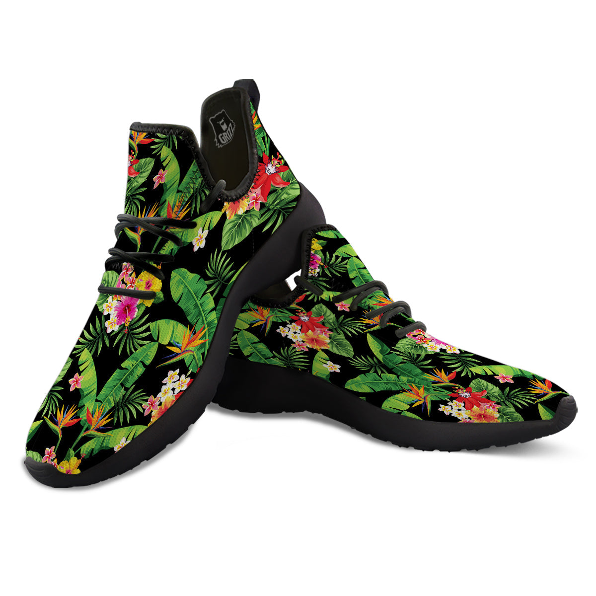 Hawaiian Flower And Tropical Leaf Print Pattern Black Athletic Shoes-grizzshop