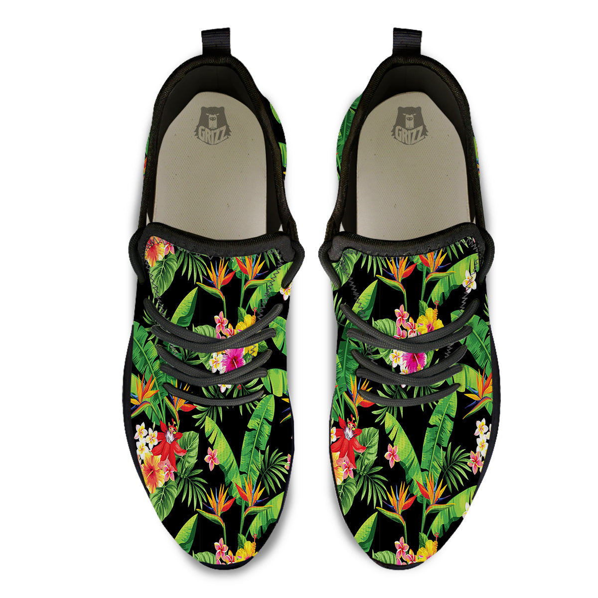 Hawaiian Flower And Tropical Leaf Print Pattern Black Athletic Shoes-grizzshop