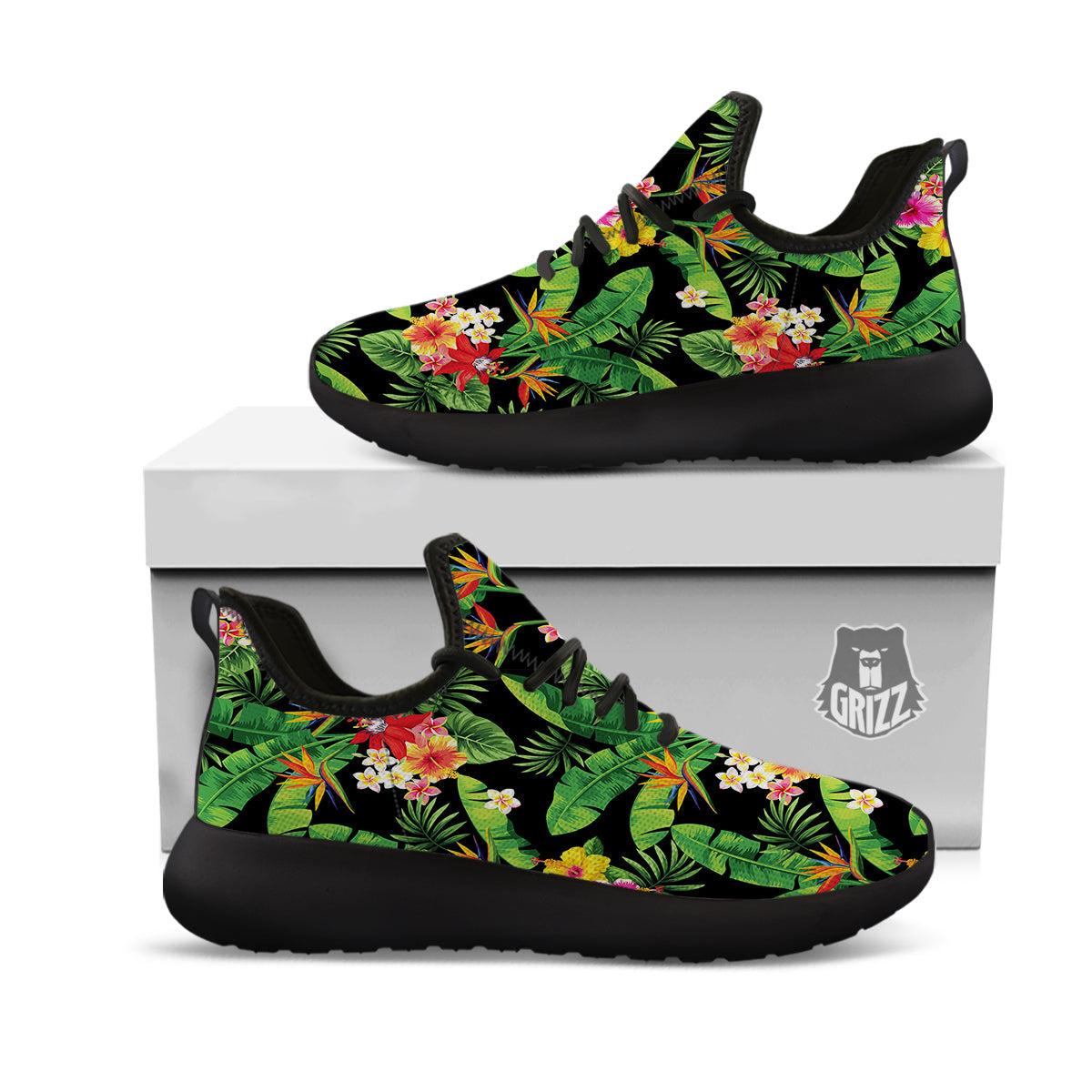 Hawaiian Flower And Tropical Leaf Print Pattern Black Athletic Shoes-grizzshop