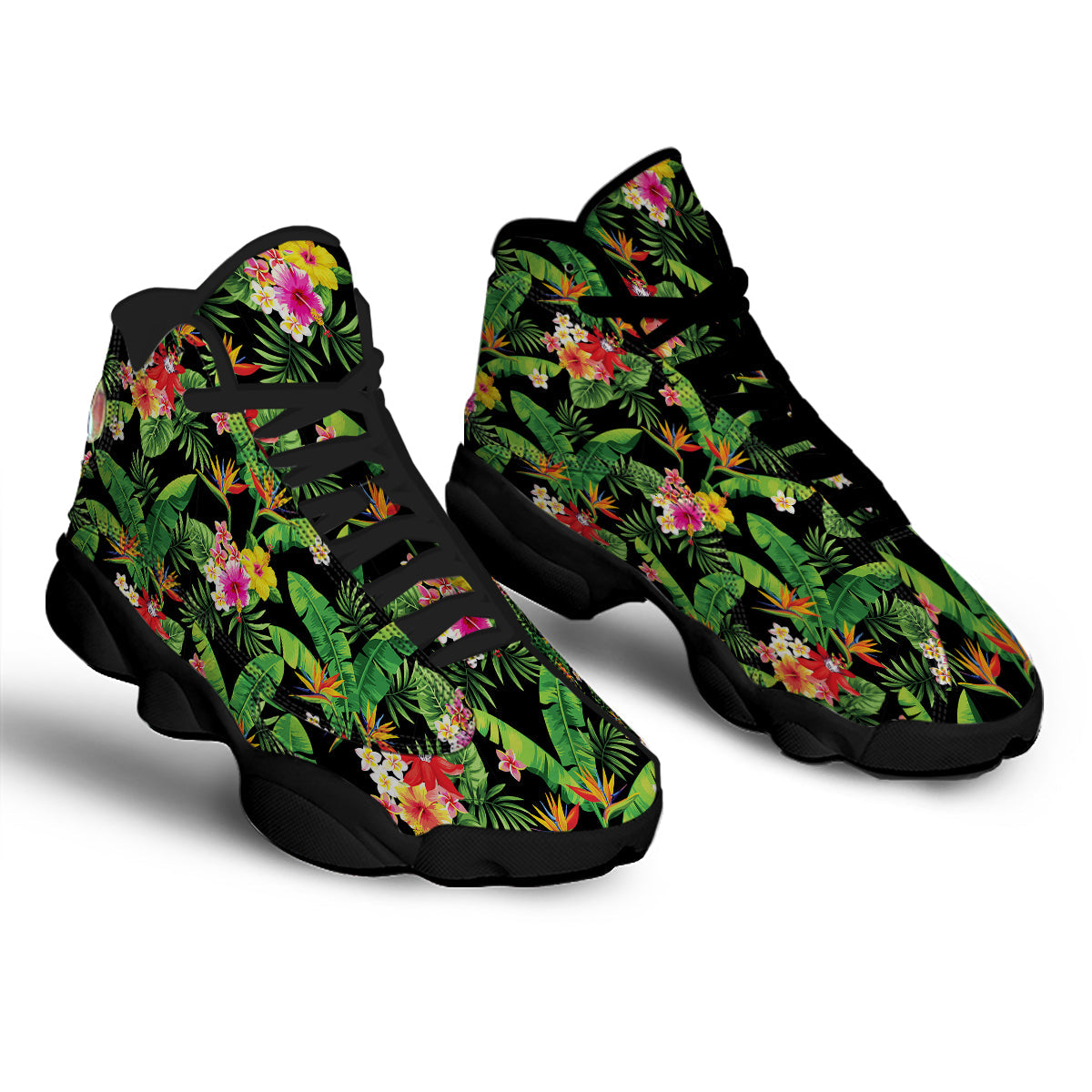 Hawaiian Flower And Tropical Leaf Print Pattern Black Basketball Shoes-grizzshop